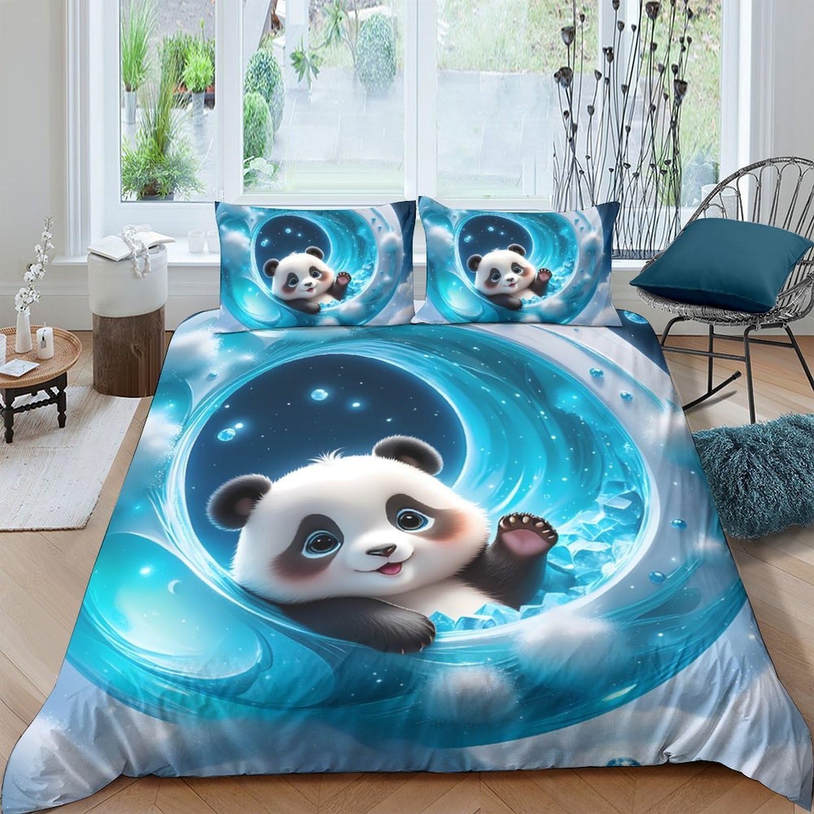 Ctjqhvkz Style-5 3D Printed Cute Panda Fitted Sheet Microfiber Soft Blue Wave Mattress Cover For Bedroom Dorm Easy Care Single（135X200cm）
