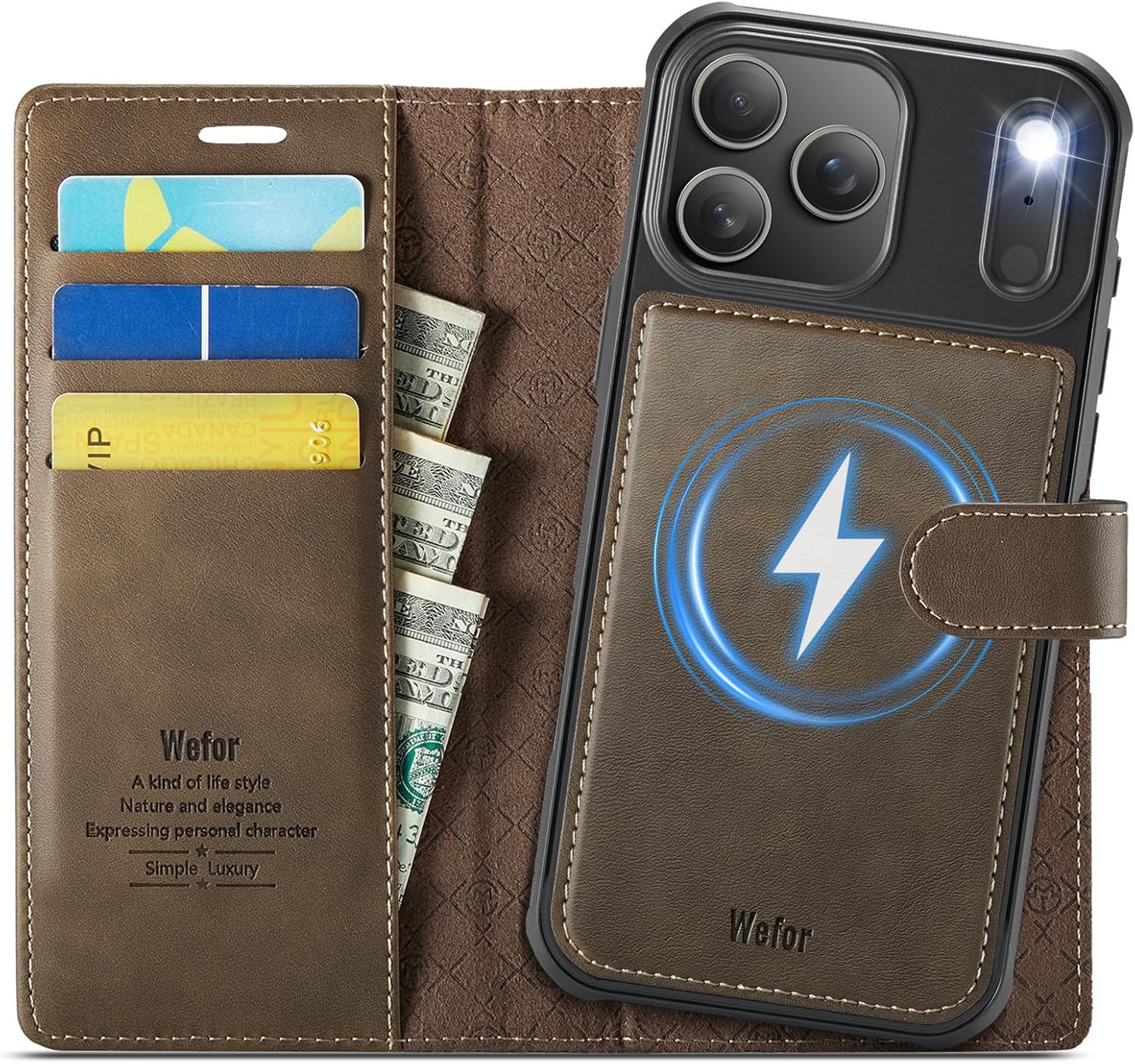 Compatible with iPhone 17 Pro Max Wallet Case Compatible with Magsafe, 2-in-1 PU Leather Flip RFID Blocking Card Holder Stand Shockproof Magnetic Detachable Cover for 17 Pro Max Case 6.9" (Brown)