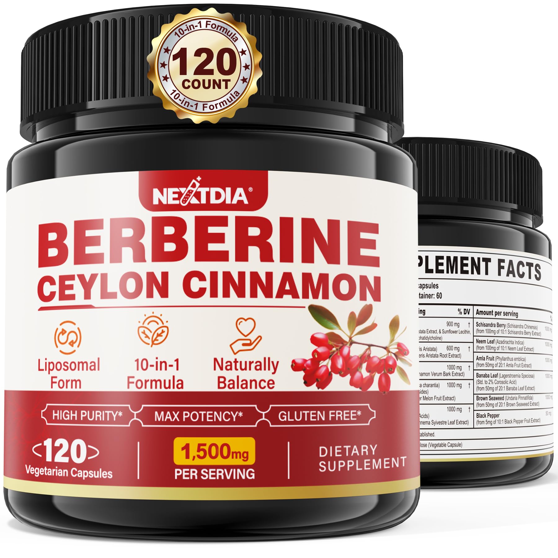 Nextdia Berberine Supplement Organic 1500mg
