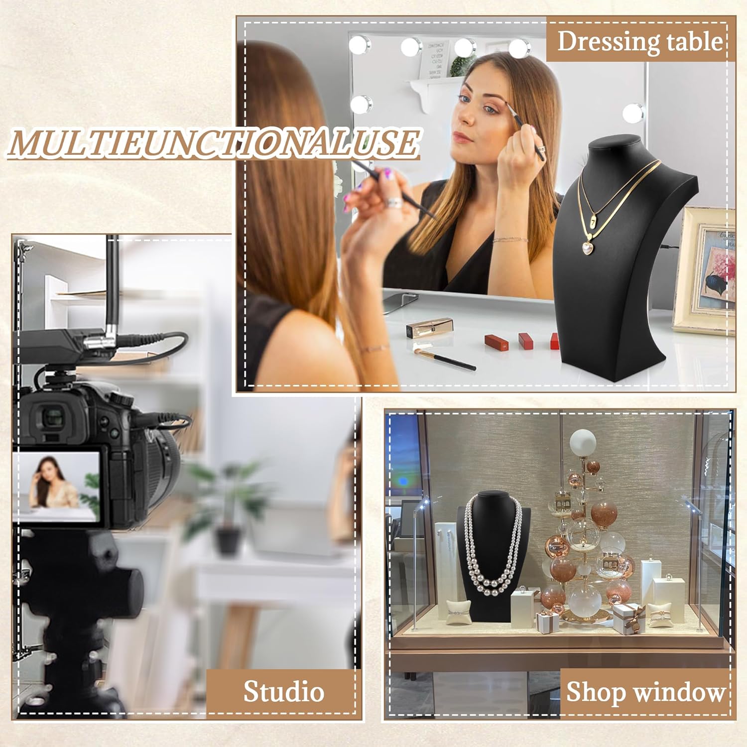 Homeanda Necklace Display Bust - PU Leather Jewelry Bust Stand for Photography, Boutique Display, and Home Organisation(Black-13.4"x8.2") - Image 4