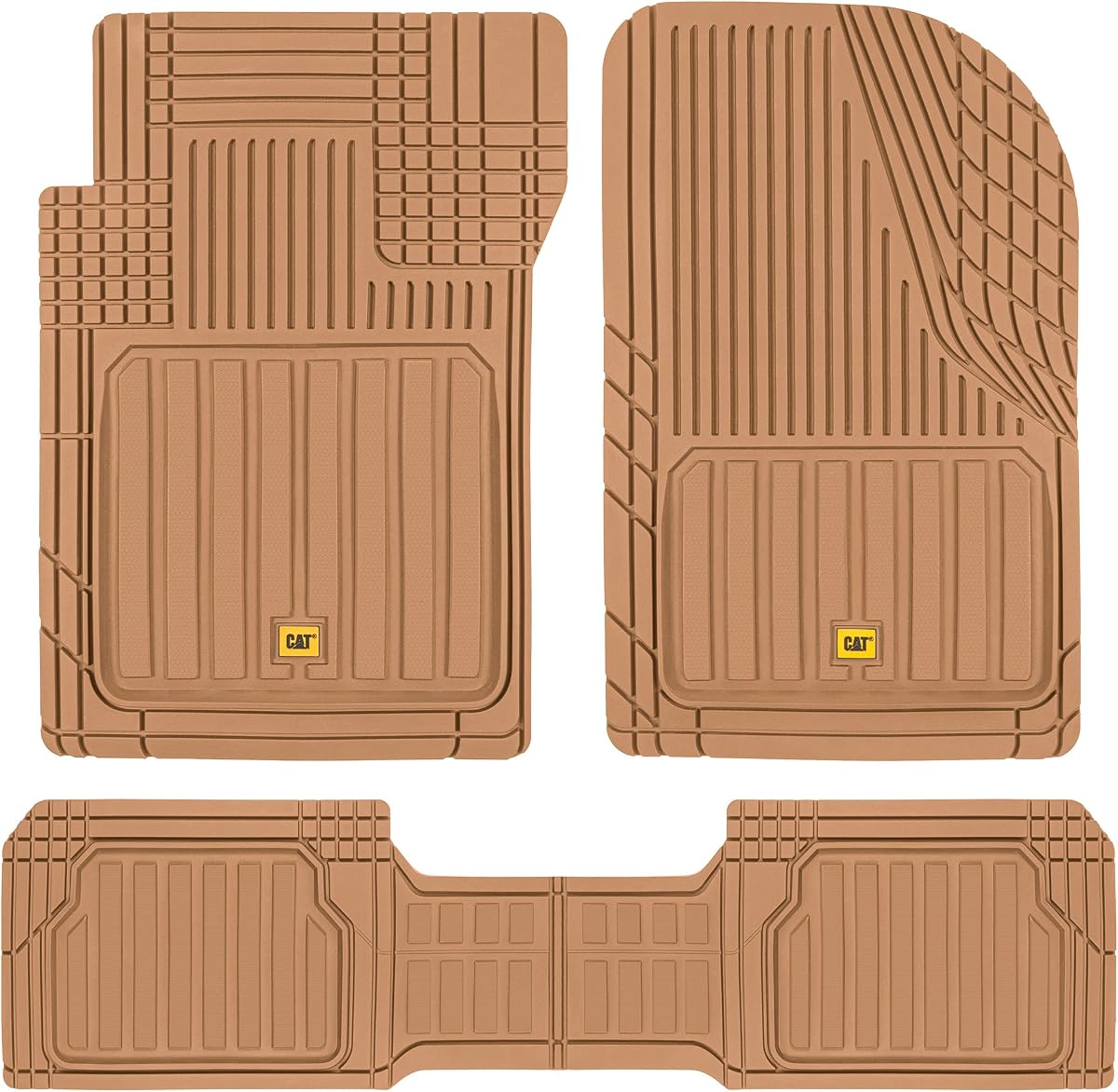 Tapetes para piso de automóvil Cat® ToughLiner™ en color beige - Tapetes resistentes con molduras para adaptarse a camiones - Accesorios para camiones para todo clima y tapetes de caucho inodoros para automóviles - Tapetes para autos y revestimientos para pisos de vehículos utilitarios deportivos (SUV) para automóviles