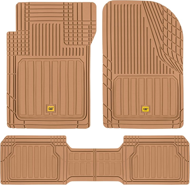 Tapetes para piso de automóvil Cat® ToughLiner™ en color beige - Tapetes resistentes con molduras para adaptarse a camiones - Accesorios para camiones para todo clima y tapetes de caucho inodoros para automóviles - Tapetes para autos y revestimientos para pisos de vehículos utilitarios deportivos (SUV) para automóviles