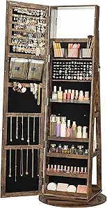 SONGMICS 360° Swivel Jewelry Cabinet, Lockable Jewelry Organizer with Full-Length Mirror, Rear Storage Shelves, Interior Mirror, Jewelry Armoire, Gift Idea, Rustic Brown UJJC006X01