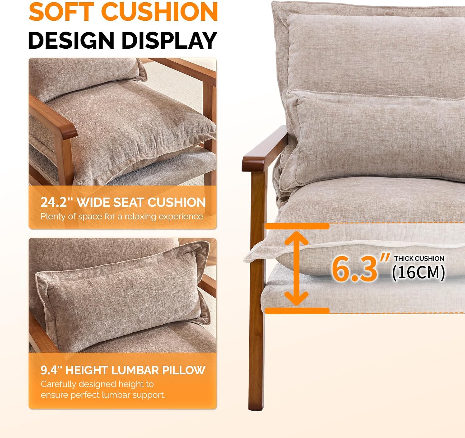 VINGLI Mid-Century Modern Cloud Accent Armchairs Set of 2 with Lumbar Pillow, 6.3'' Thick Seat Cushion Reading Chairs with Wooden Armrests, Boho Lounge Chair for Bedroom, Living Room, Chenille, Khaki