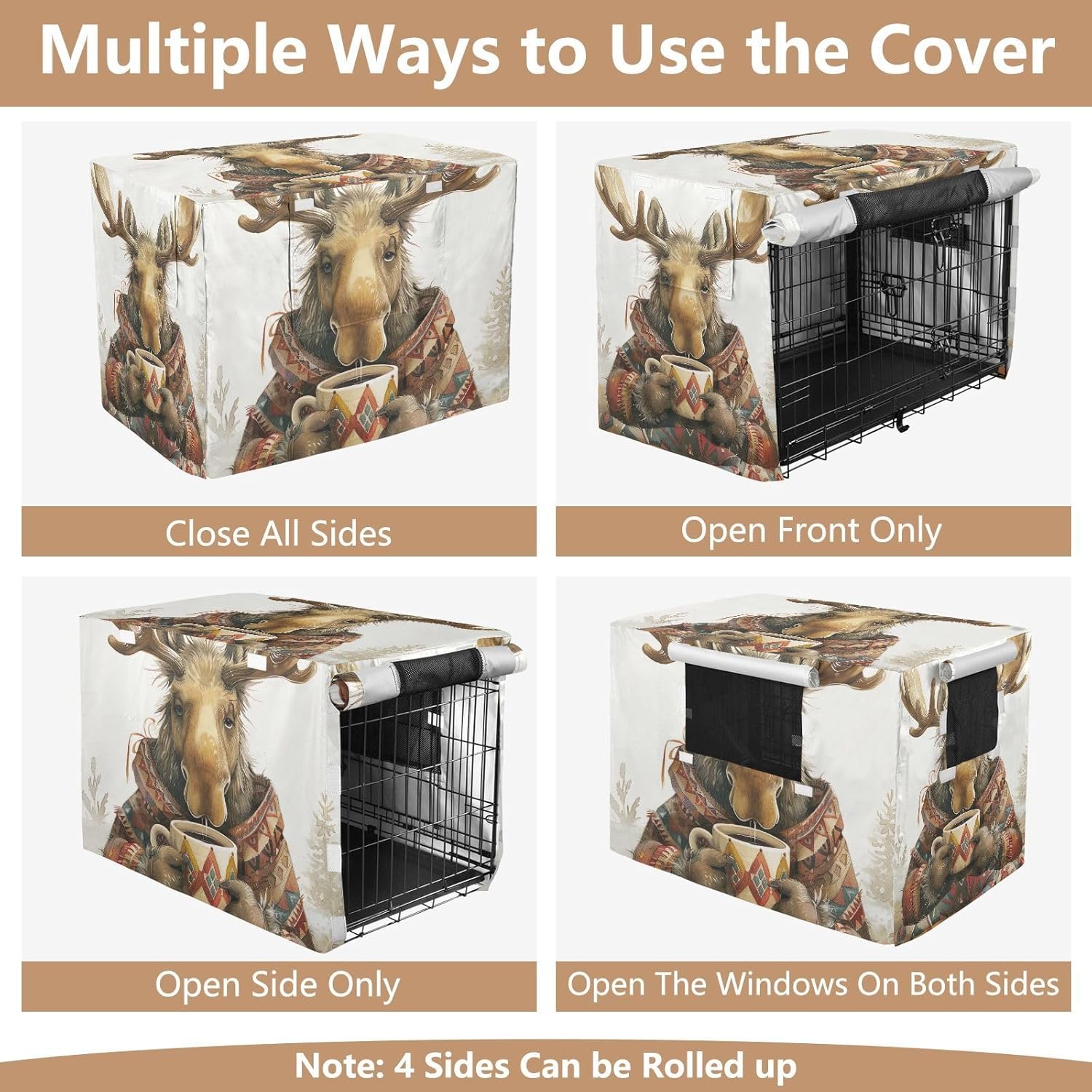 Cute Moose Dog Crate Covers Roll-up Side Panels, Crate Cover for Dog, X-Large
