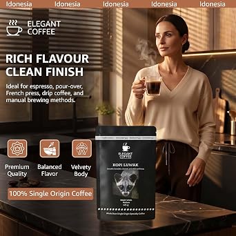 Elegant Coffee Wild Kopi Luwak Whole Bean Coffee 125g - Premium Indonesian Medium Roast Arabica Coffee Beans with Smooth Chocolate Notes and Low Bitterness - Rainforest Alliance Certified