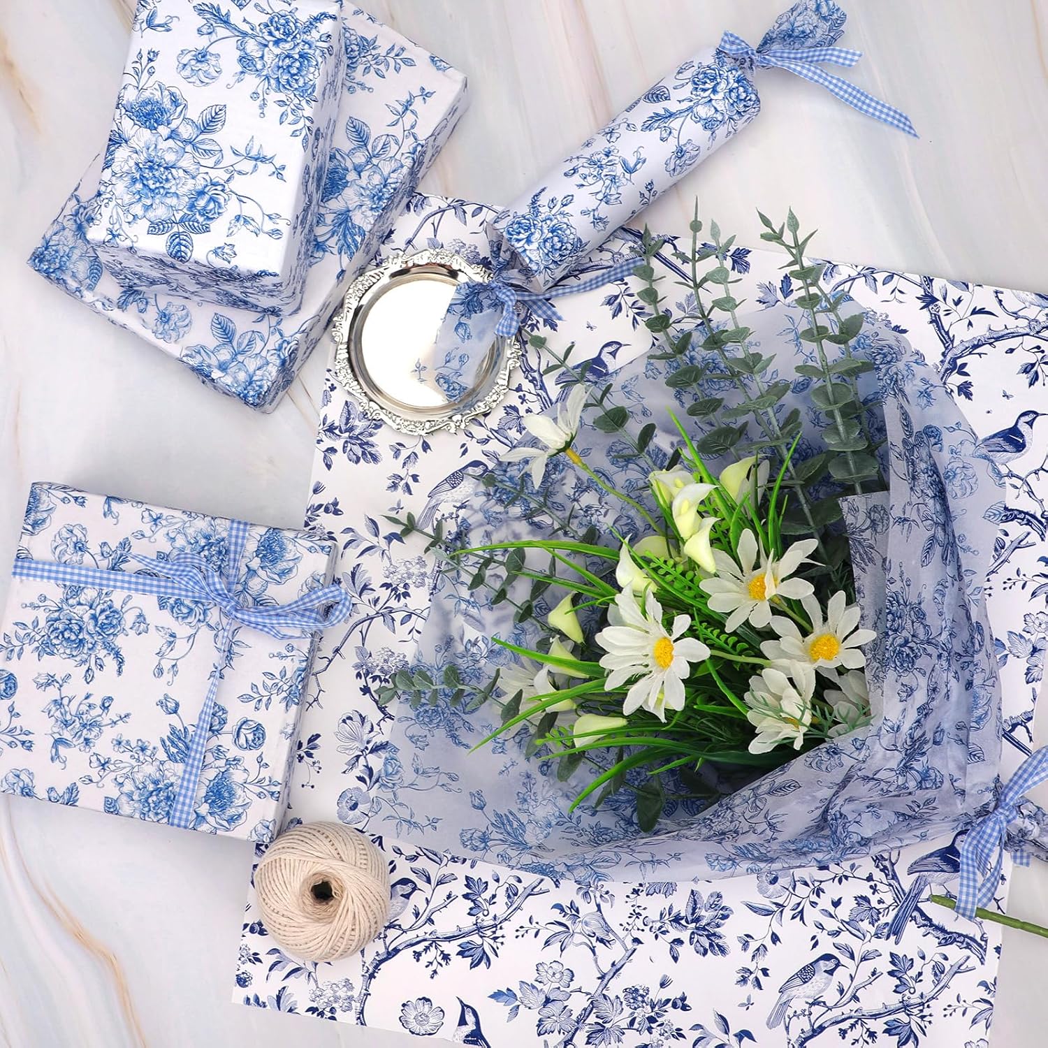 60 Sheets Blue White Floral Tissue Paper, 20x14 Inch Chinoiserie Peony Printed Gift Wrapping Tissue for Vantage Wedding Birthday Bridal Shower Party Decor (Blue)