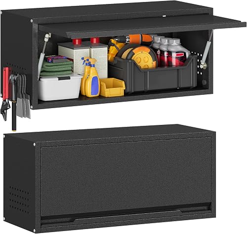 Firstsky 31.5" Wall Mounted Garage Cabinet with Flip-Up Door & Side Pegboards, 120lb Capacity Steel Storage Firstsky 31.5" Wall Mounted Garage Cabinet with Flip-Up Door & Side Pegboards, 120lb Capacity Steel Storage
