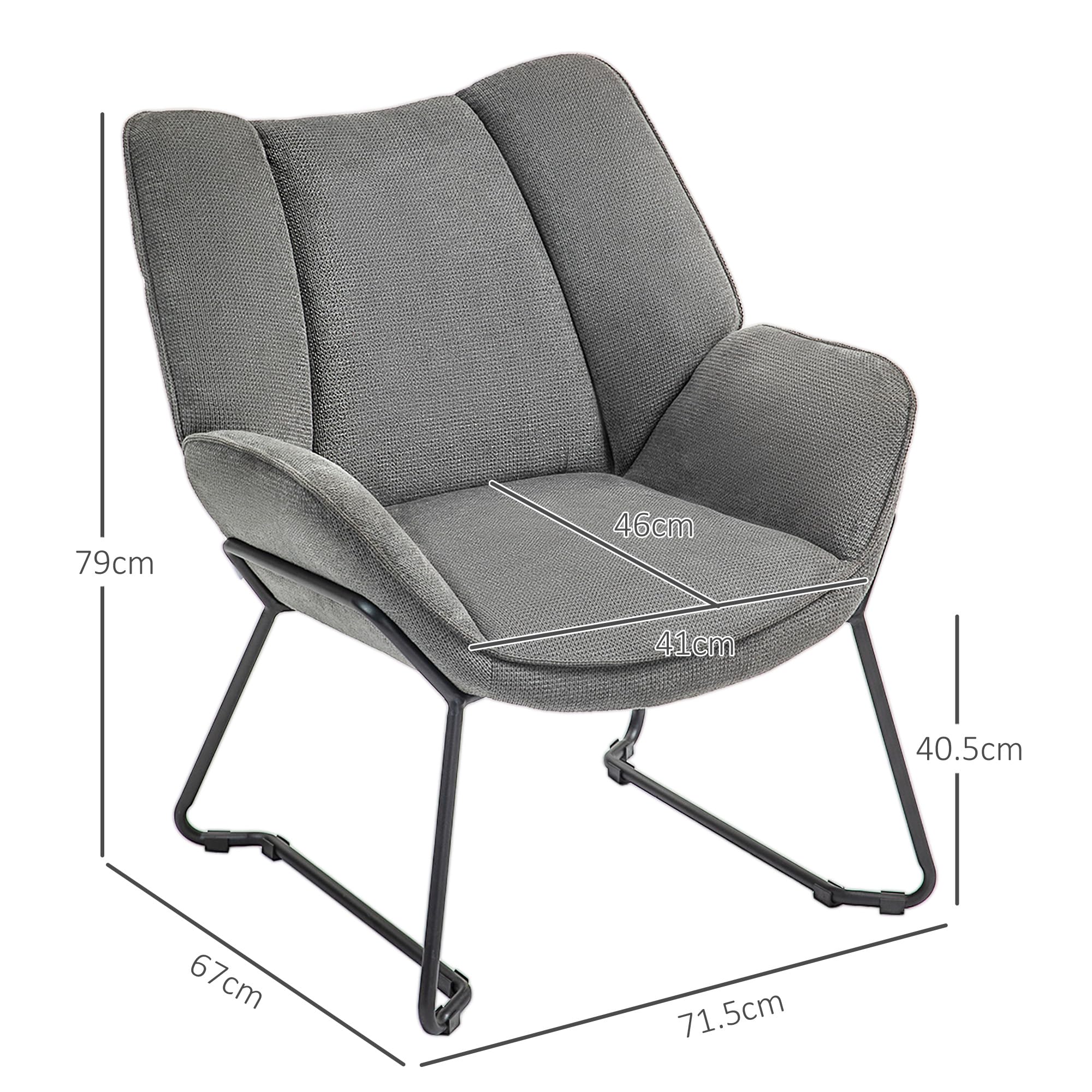 HOMCOM Poltrona d'Arredo Imbottita con Braccioli Inclinati, Poltrona da Soggiorno in Tessuto Effetto Lino e Struttura in Acciaio, 71.5x67x79 cm, Grigio
