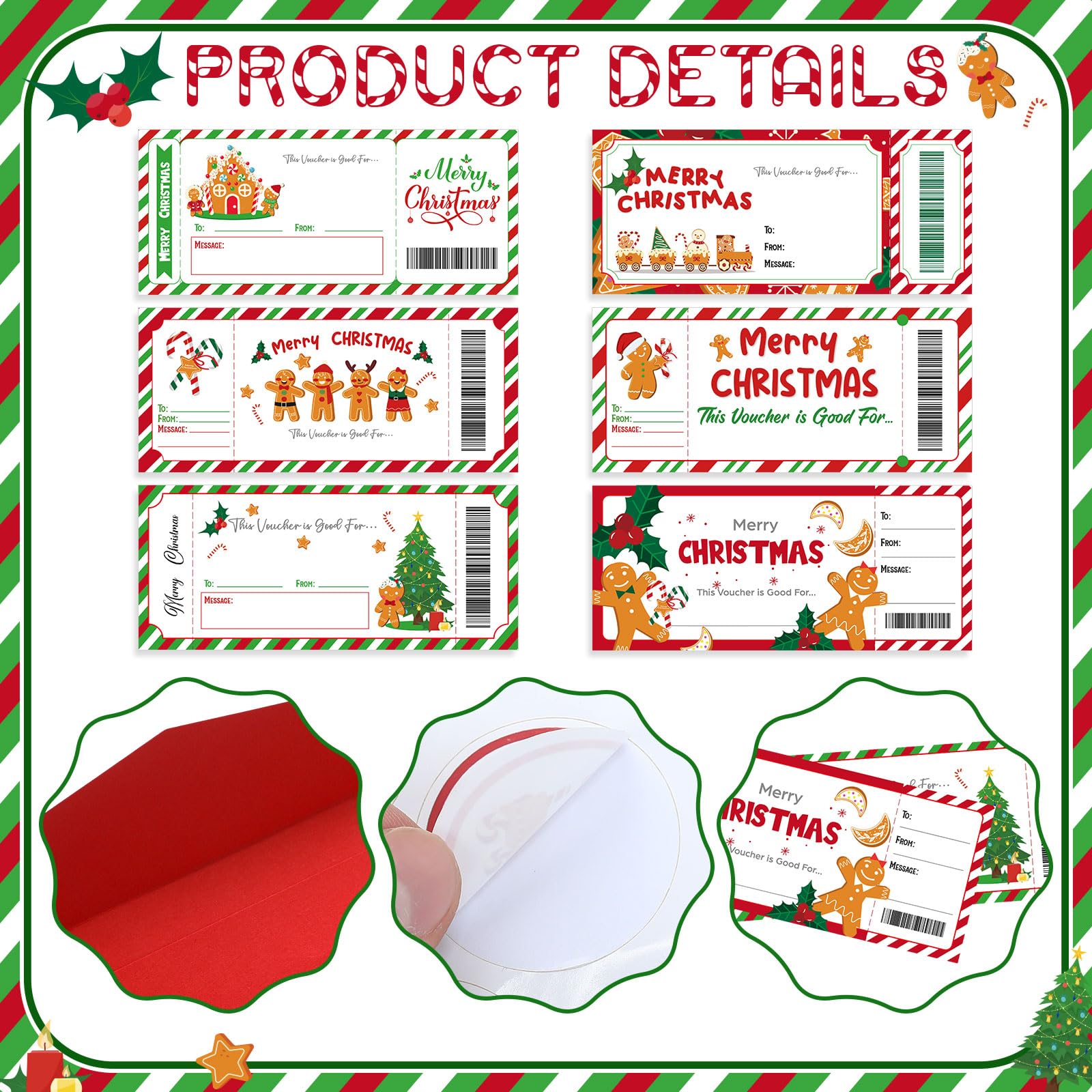 Tenare 48 Sets Weihnachtsgutschein-Gutschein-Buch, blanko, Weihnachtsgutscheine, Geschenkgutscheinkarten mit rotem Umschlag und Aufkleber, für Geschäftserfahrung, Geschenk, Weihnachtsfeier