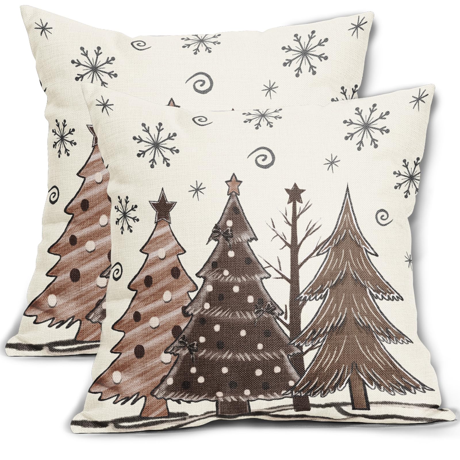 Aytipun Brown Christmas Pillow Covers 18x18 Set of 2 Xmas Tree Snowflakes Print Pattern Decorative Throw Pillowcases Outdoor Rustic Farmhouse Holiday