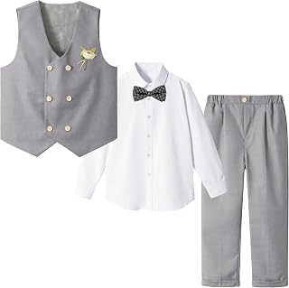 Boys' 4-Piece Formal Suit, Wedding Ring Bearer Outfit Vest Pants with Dress Shirt Bow Tie for Graduation 3-10 Years