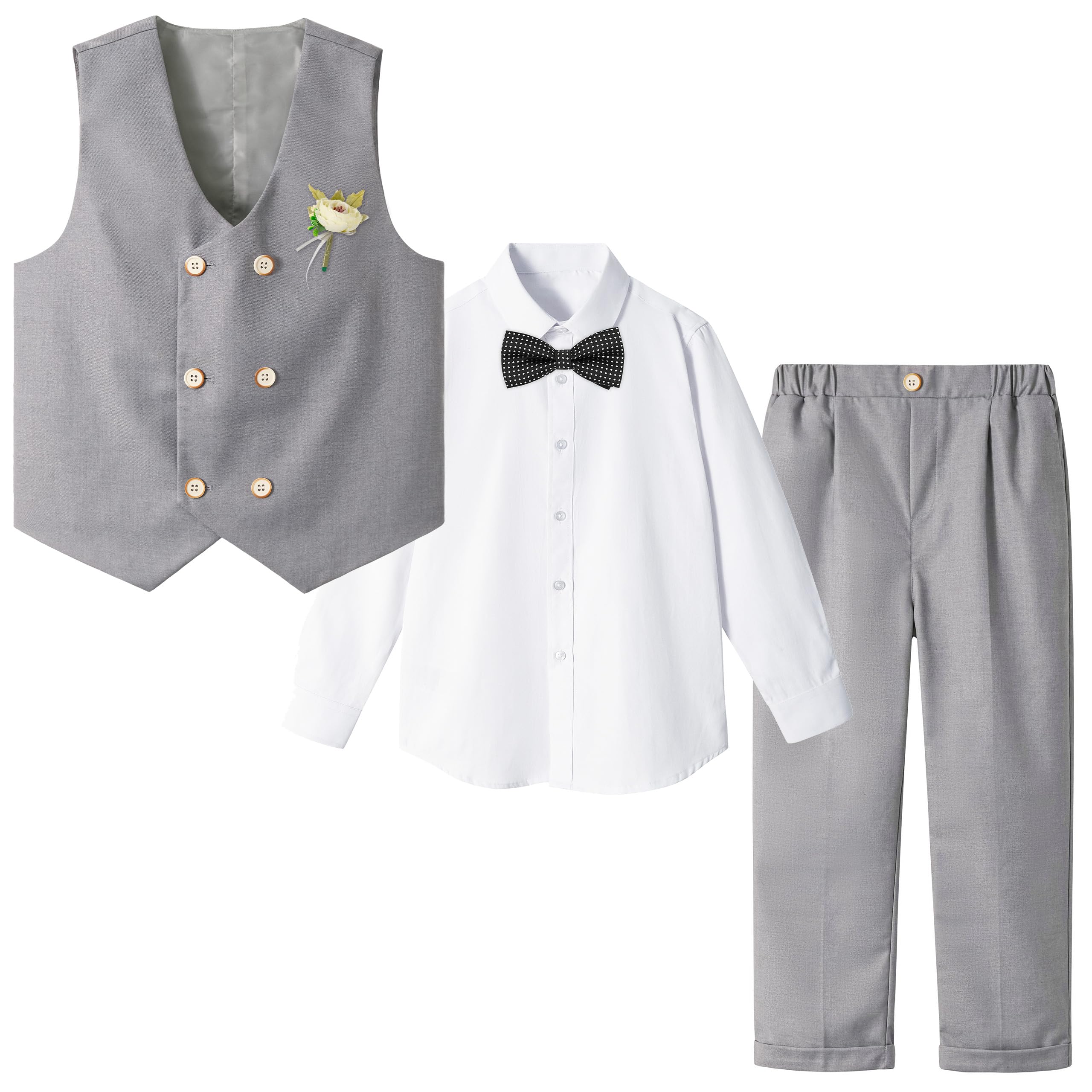 LOLANTA Boys' 4-Piece Formal Suit, Wedding Ring Bearer Outfit Vest Pants with Dress Shirt Bow Tie for Graduation 2-13 Years