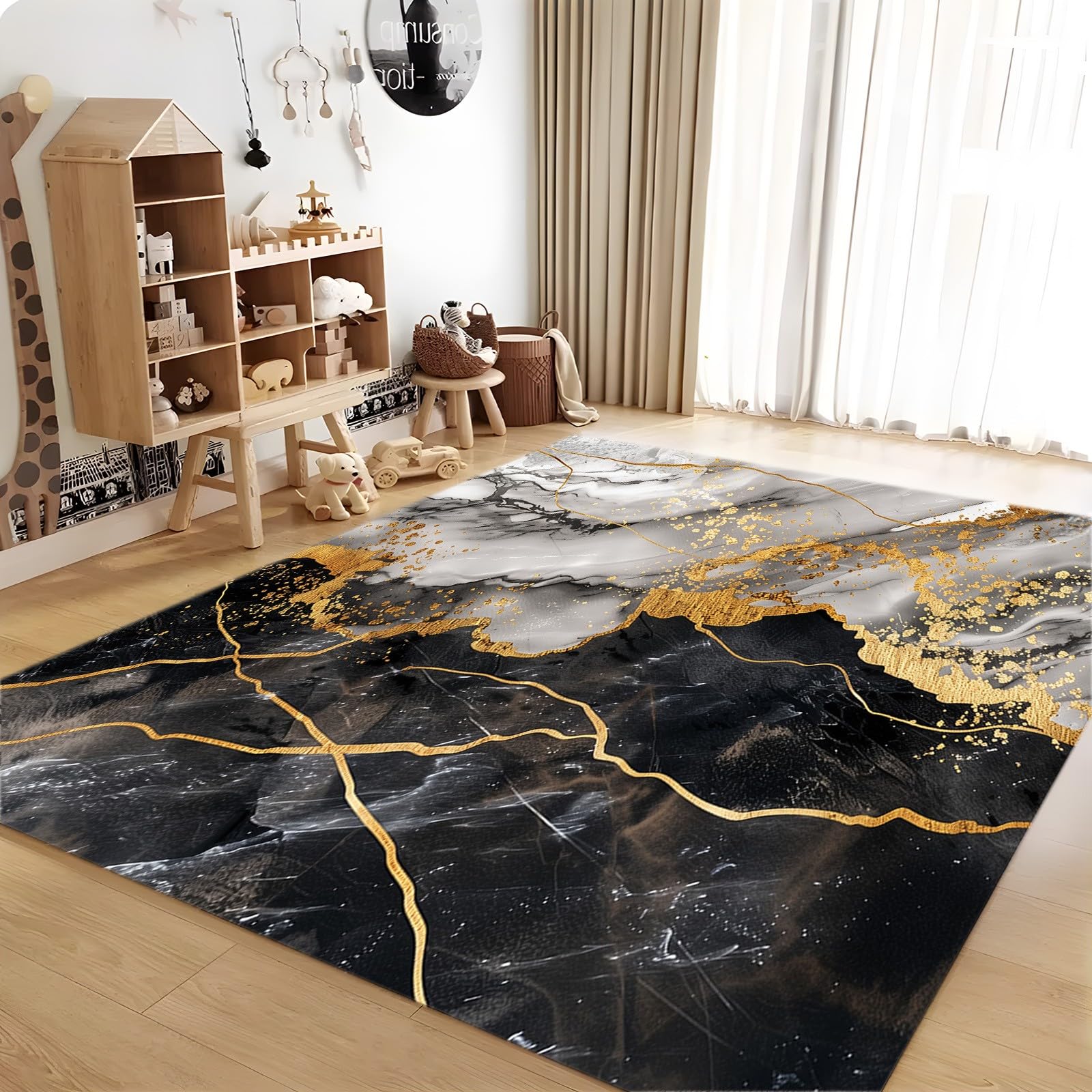 Tapis Salon Marbre Noir Blanc Lavable Pile Courte et Douce, Rectangulaire Tapis Chambre Intérieur Extérieur Dessous antidérapant 160x230 cm