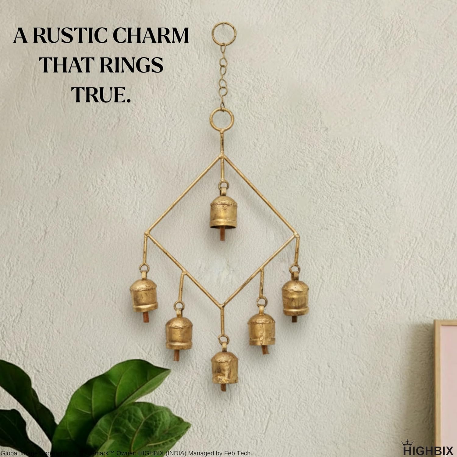 Handmade Rustic 6 Bells Hanging Wind Chime – Vintage Cow Bells on Metal Frame, Boho Farmhouse Wall Hanging, Wind Chime for Home, Patio, Garden & Christmas Décor