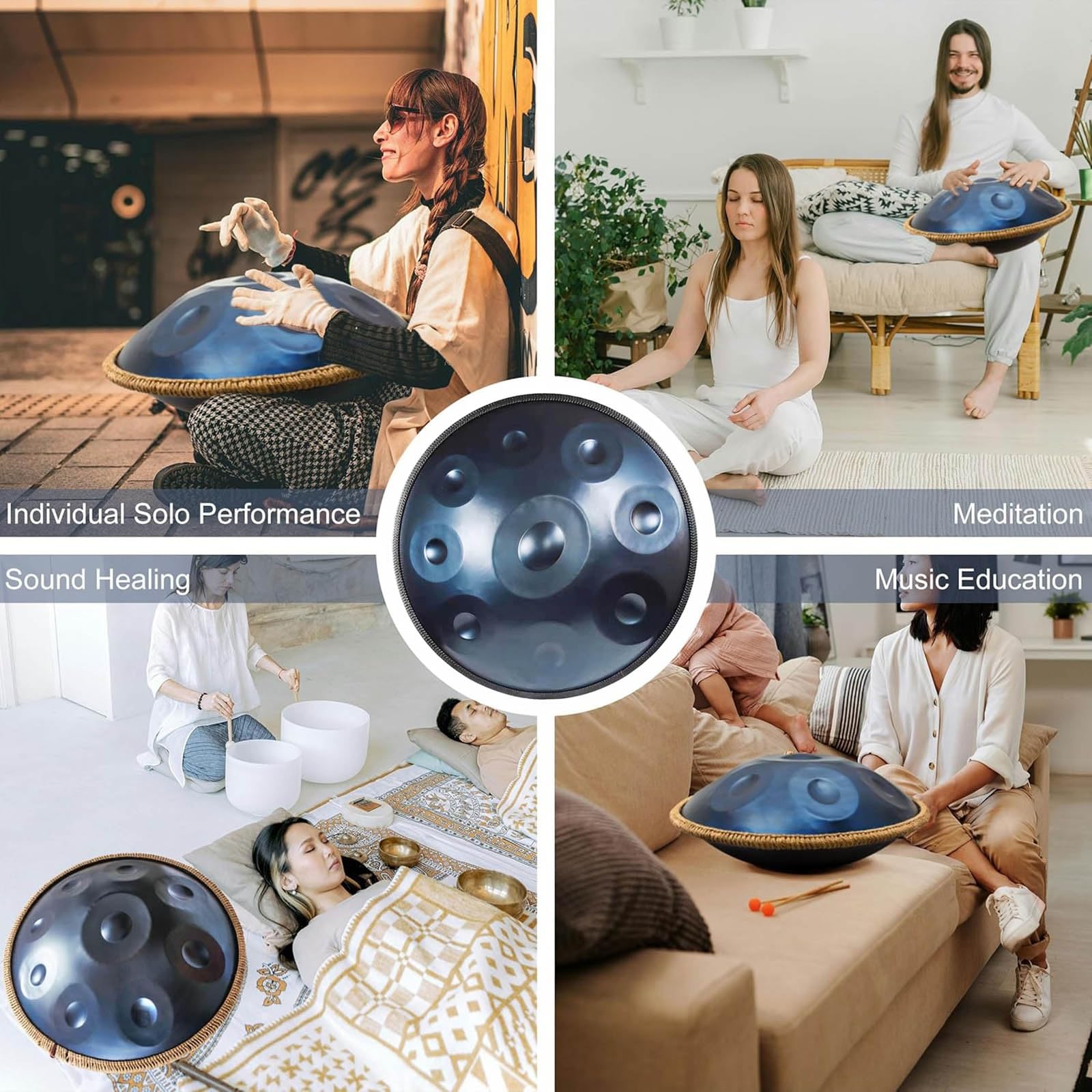 Handpan 55.8cm Tamburi a Mano in Re Minore 9/10/12 Note Strumento in Acciaio con Custodia, Bacchette, Suono 432Hz/440Hz per Meditazione, Musicoterapia(Blue,432HZ/12Note)