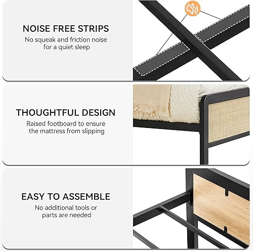 Miniatura 8 de Amyove Base de cama Queen con cabecero y estribo de ratán natural, plataforma de metal con fuerte soporte de listones de metal, cama de caña bohemia
