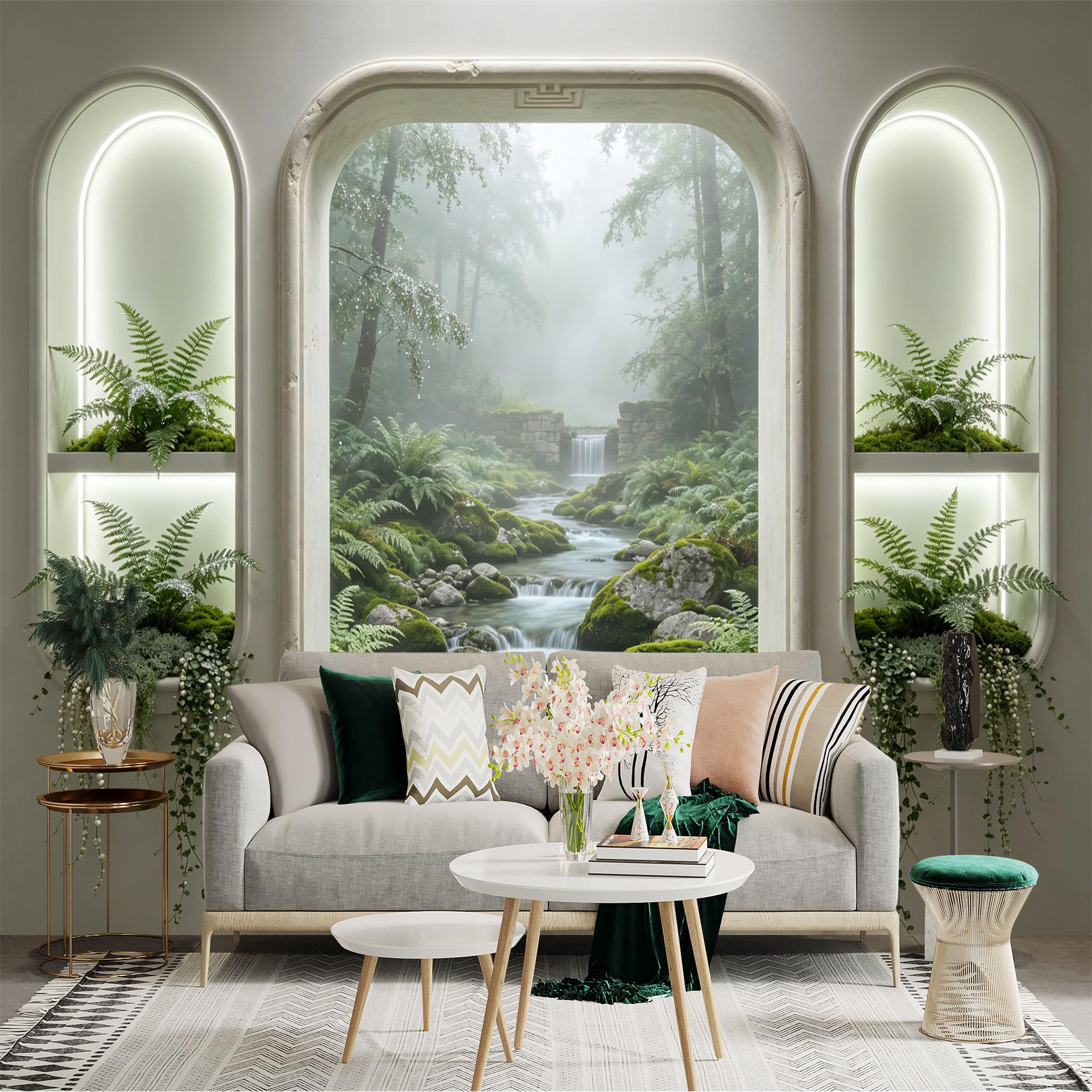 Custom Size Wall Sticker Mural， Misty Forest Stream with Ferns， Waterfall and Mossy Rocks， for wall Decoration， peelandstick wall Decals.