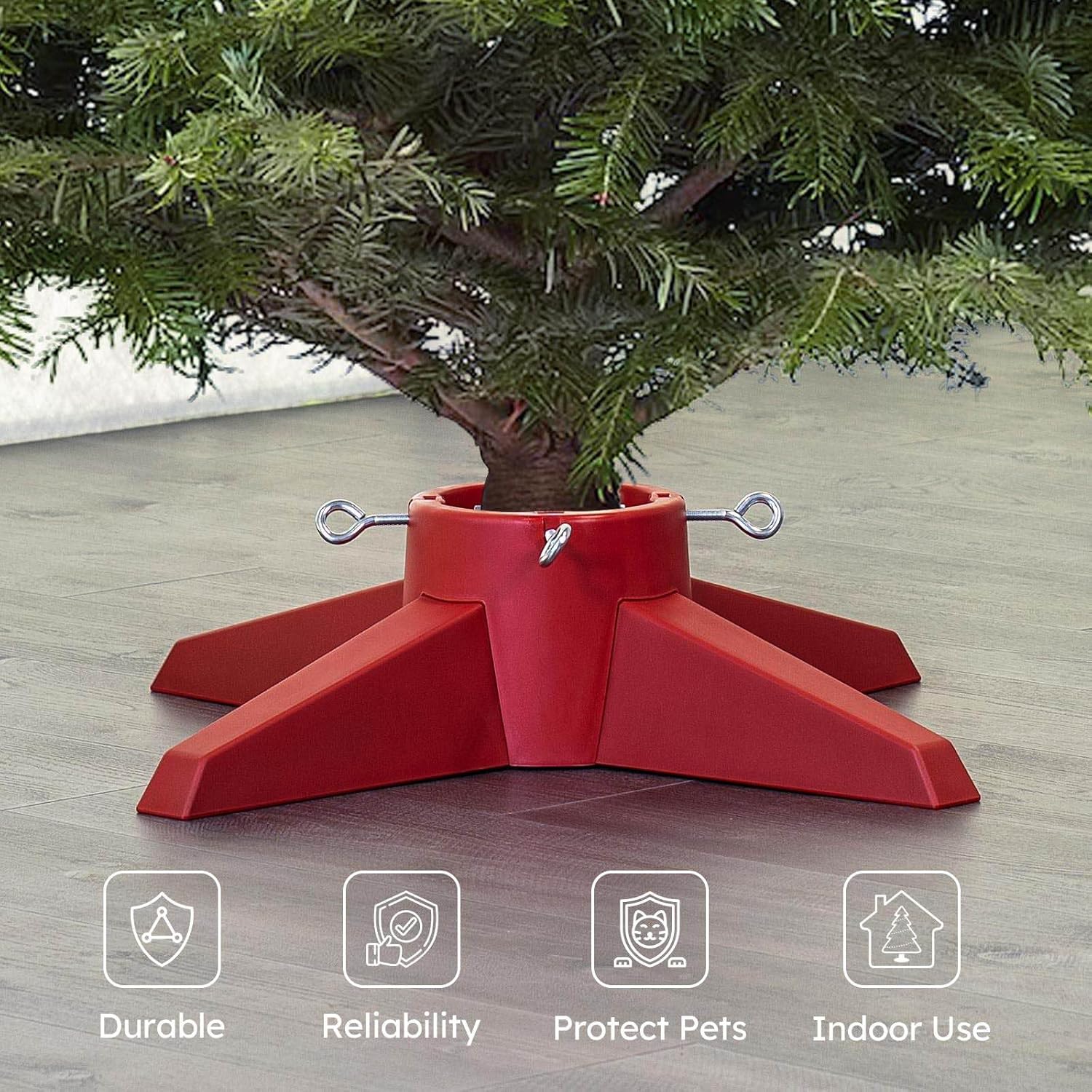 Christmas Tree Stand for Live Tree, Fits up to 8ft Real Tree, Rocky-Solid Design Tree Base with Spike for Real Tree, Sturdy Xmas Tree Holder for Christmas Decoration (Red)