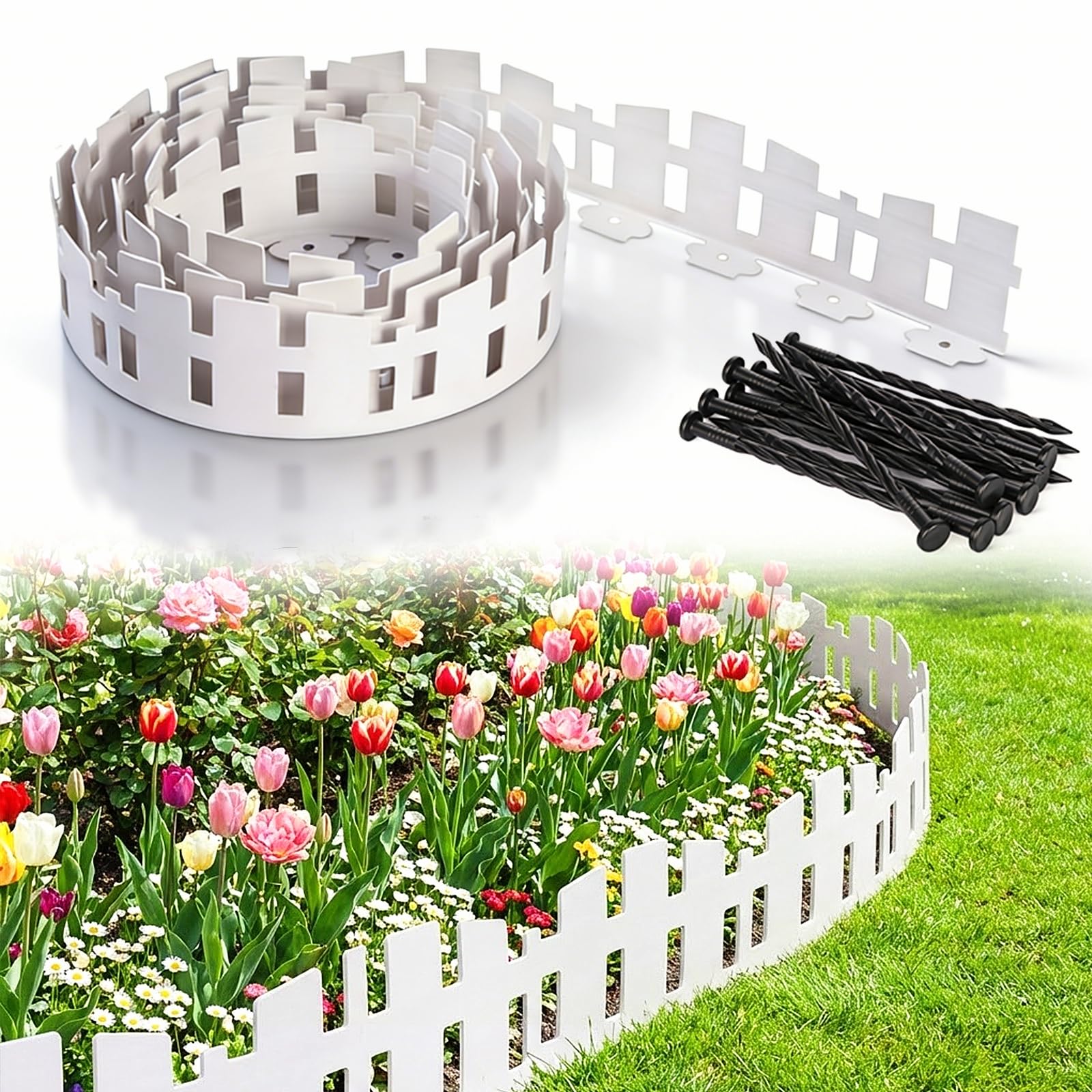 MSISILY 40FT Landscape Edging Borders with 75 Spikes - 4.6in Tall Flexible Garden Border Edging, Mini Fence for Lawn Edging and Flower Beds. (4.6inch*40FT)