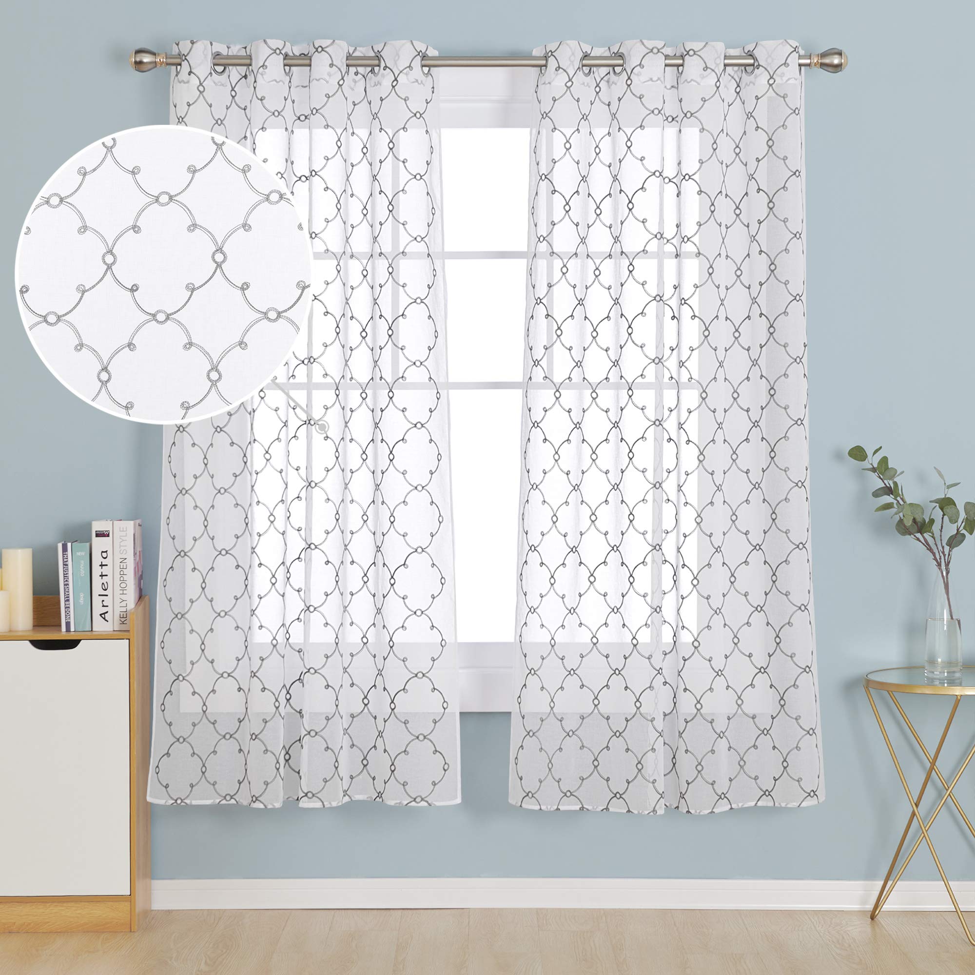 Deconovo Eyelet Faux Linen Net Curtains Embroidery Diamond Voile Curtains Super Soft Semi Sheer Curtains 55 x 54 Drop Inch Grey 1 Pair