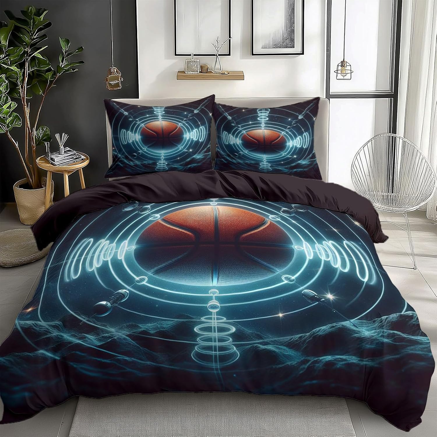 2 Piece Duvet Cover Set, Toddler Printed Duvet Cover, Dark Purple Bedding, Boy Girls Kids Bedding, Cosmic Galaxy and Basketball Elements Quilt Comforter Cover, 1 Pillowcases