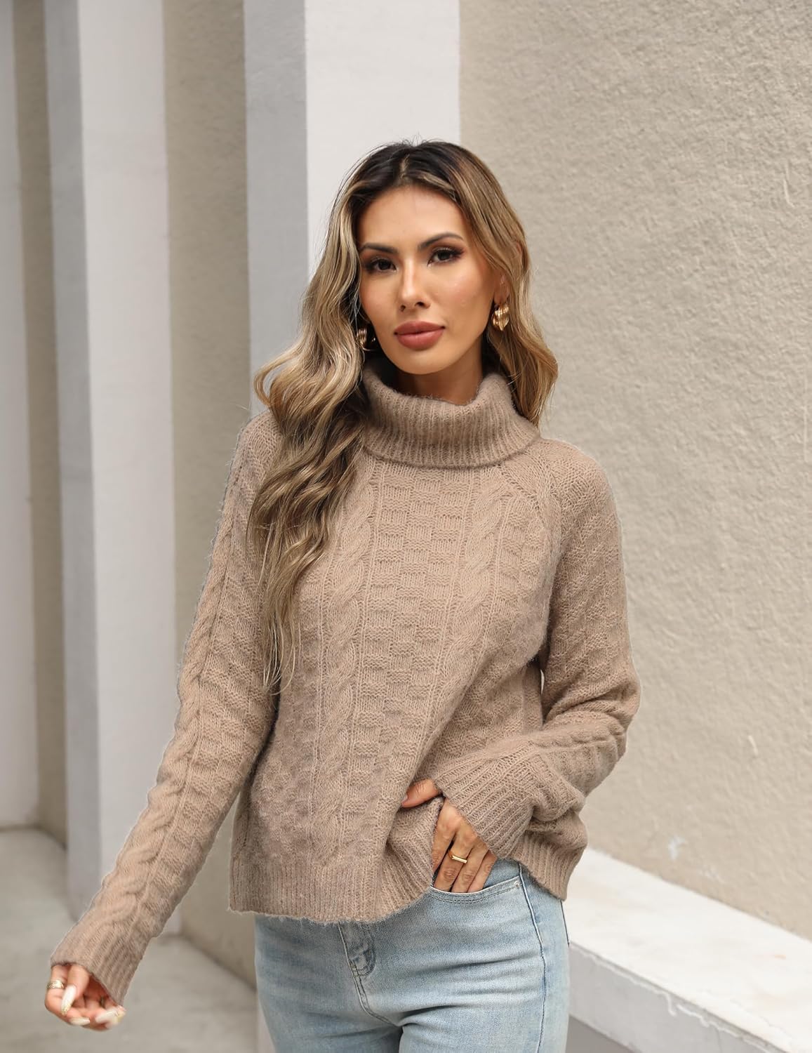 Womens Cute Turtleneck Cable Knit Sweater Cropped Spring 2026 Long Sleeve Pullover Sweaters Tops - Image 3