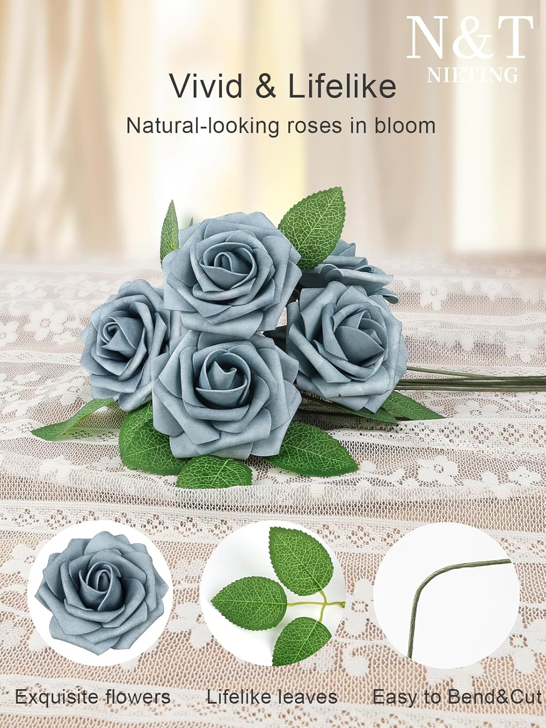 N&T NIETING Artificial Flowers, 25pcs Foam Roses Fake Flowers DIY Wedding Party Cake Decoration, Home Display, Dusty Blue Gray - Image 6
