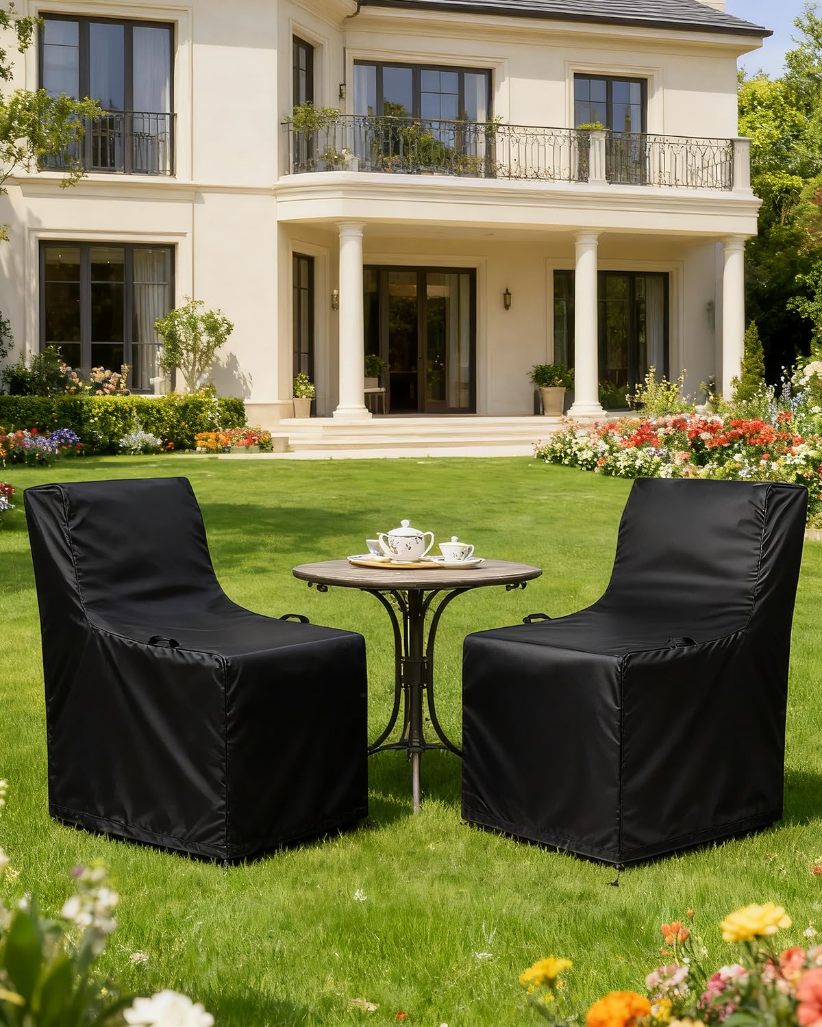 2er Gartenstuhl Abdeckung 420D Oxford Wasserdicht, UV-Beständig & Reißfest Stuhlüberzug Gartenmöbel Schutzhülle für Relaxsessel Sessel (Schwarz, 76x80x110 cm)