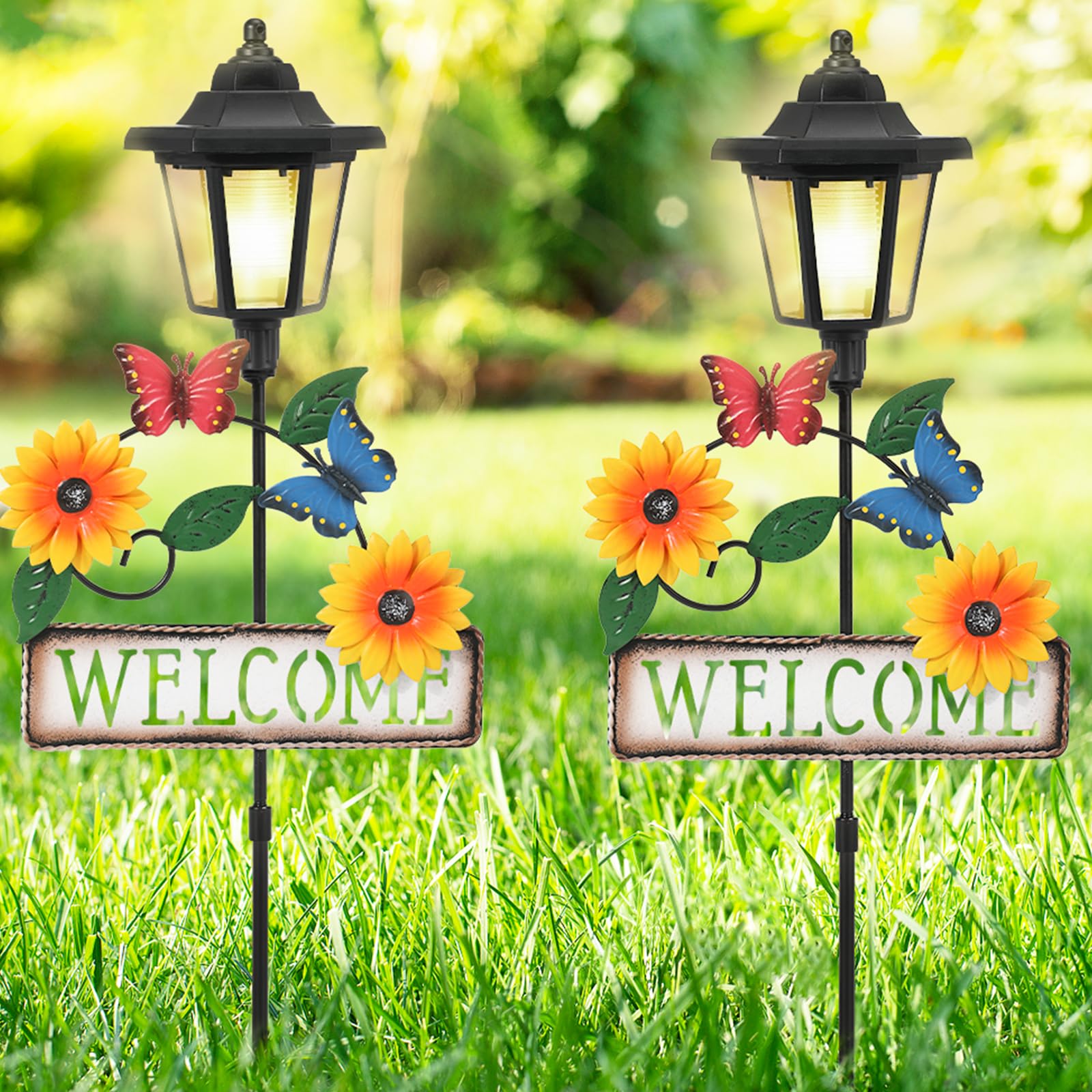 Lewondr Solar Garden Lights Butterfly, 37.4 Inch Solar Lamp Post Light with Welcome Sign & Butterflies, Outdoor Waterproof...