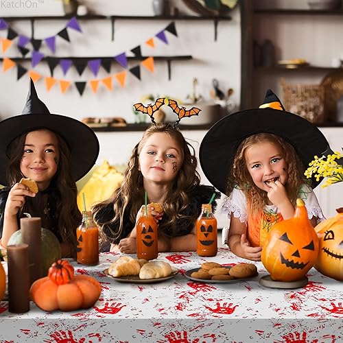 Miniatura 6 de KatchOn, Bloody Cloth - Paquete de 3 manteles grandes de 54 x 72 pulgadas, mantel de plástico, mantel de huellas de manos sangrientas rojo zombi