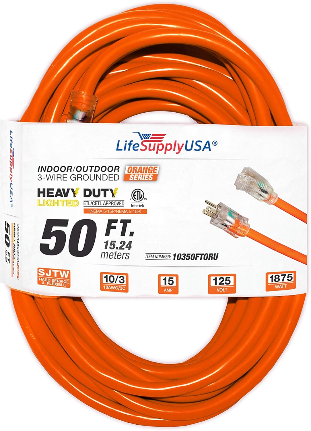 50 ft Extension Cord 10/3 SJTW with Lighted end - Orange- Indoor / Outdoor Heavy Duty Extra Durability 15 AMP 125 Volts 1875 Watts ETL Listed - by LifeSupplyUSA 50 ft Extension Cord 10/3 SJTW with Lighted end - Orange- Indoor / Outdoor Heavy Duty Extra Durability 15 AMP 125 Volts 1875 Watts ETL Listed - by LifeSupplyUSA