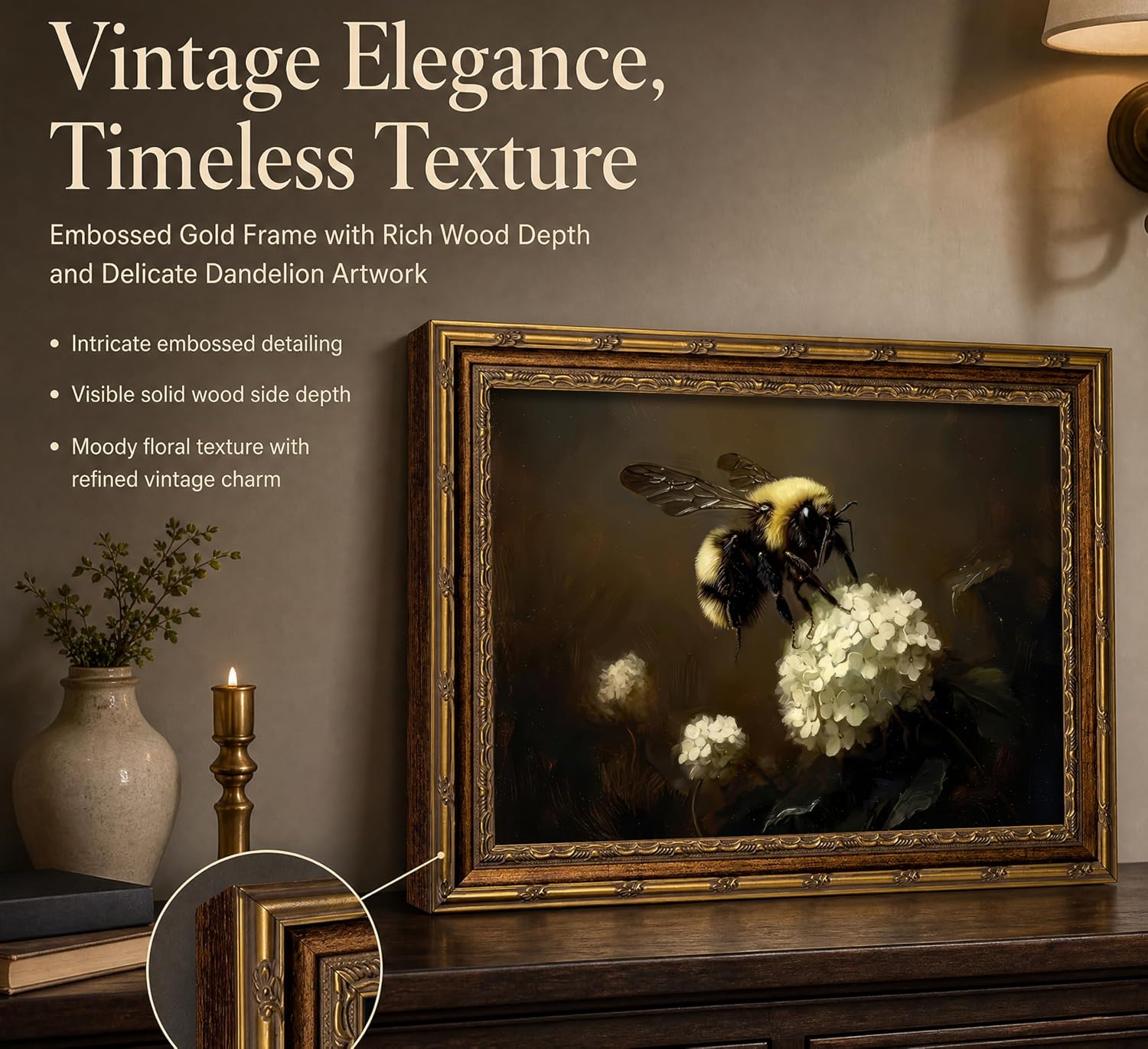 Vintage Gold Framed Bee Wall Art Dark Academia Insect Painting Canvas Print Gothic Moody White Hydrangea Picture Wall Decor Rustic Farmhouse Animal Poster Artwork for Living Room Bedroom Bathroom image 3