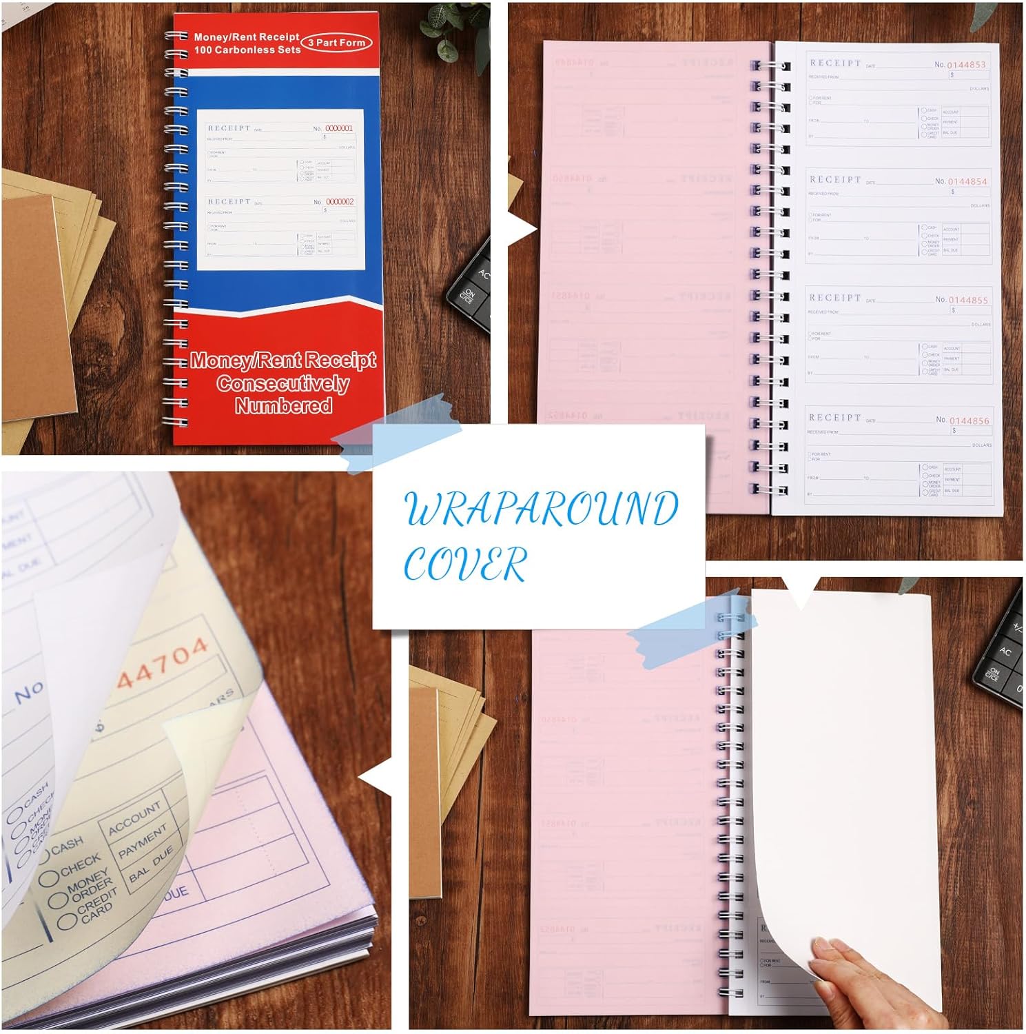 Crtiin 10 Pcs 3 Part Spiral Carbonless Money and Rent Receipt Book with Carbonless Copies 100 Sets Per Book 4 Receipts Per Page (5-1/4" X 11")