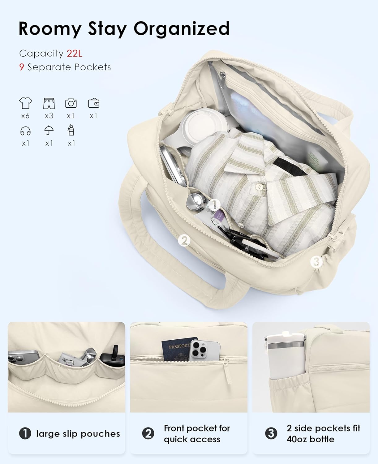 Gym Bag for Women, Travel Duffle Bags with Wet Pocket, Lightweight Carry on Bag Overnight Weekender Duffel Bag, Water Resistant (Beige) - Image 3