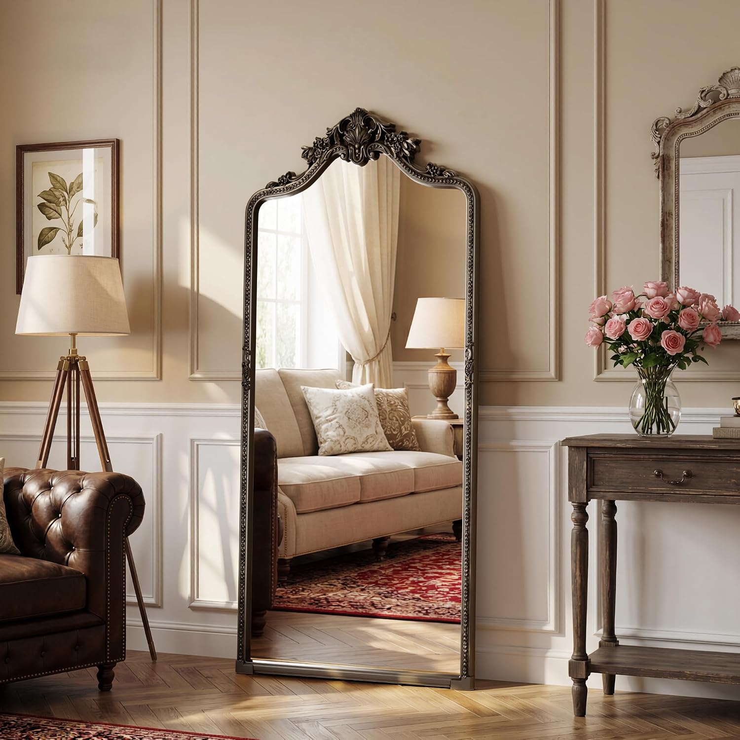 Bronze Arched Full Length Mirror, 32"x71" Traditional Vintage Ornate Baroque Floor Mirror with Carved, Home Decor for Bedroom Living Room Entryway Hallway
