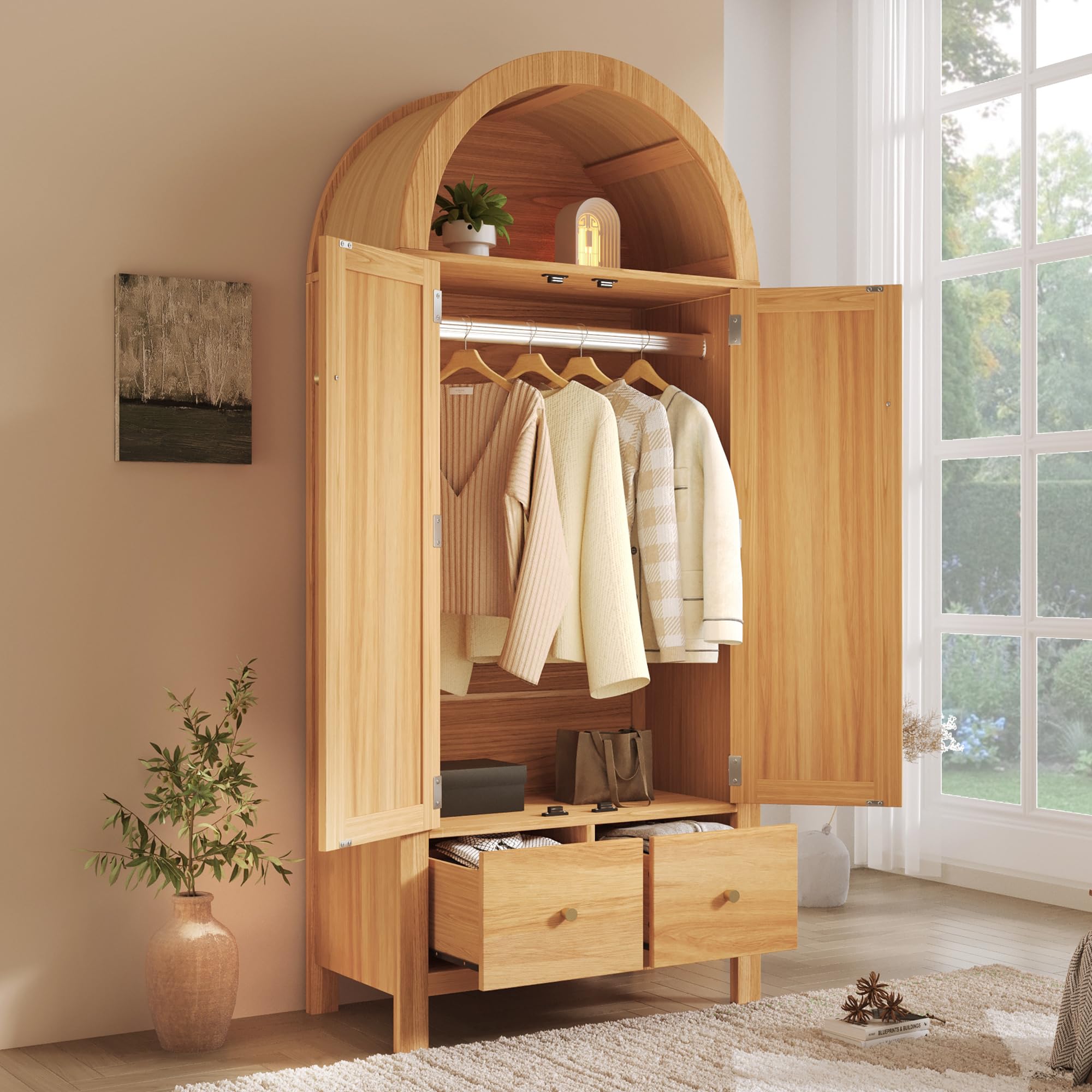 Moimhear Armario 181 x 78 x 45 cm con trenzado de ratán, estante semicircular abierto, 2 puertas con cierre magnético, 2 cajones (roble)