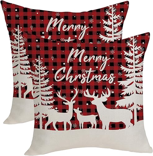 Fundas de almohada navideñas de 18 x 18 pulgadas, paquete de 2 fundas de almohada cuadradas de lino rojo y negro a cuadros de ciervo, decoración
