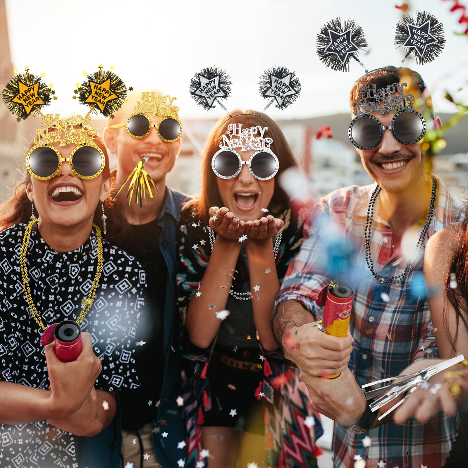 Suministros de fiesta de Año Nuevo 2025, suministros de fiesta de Año Nuevo, diadema, sombrero de papel, gafas, collar de cuentas, fabricante de ruido