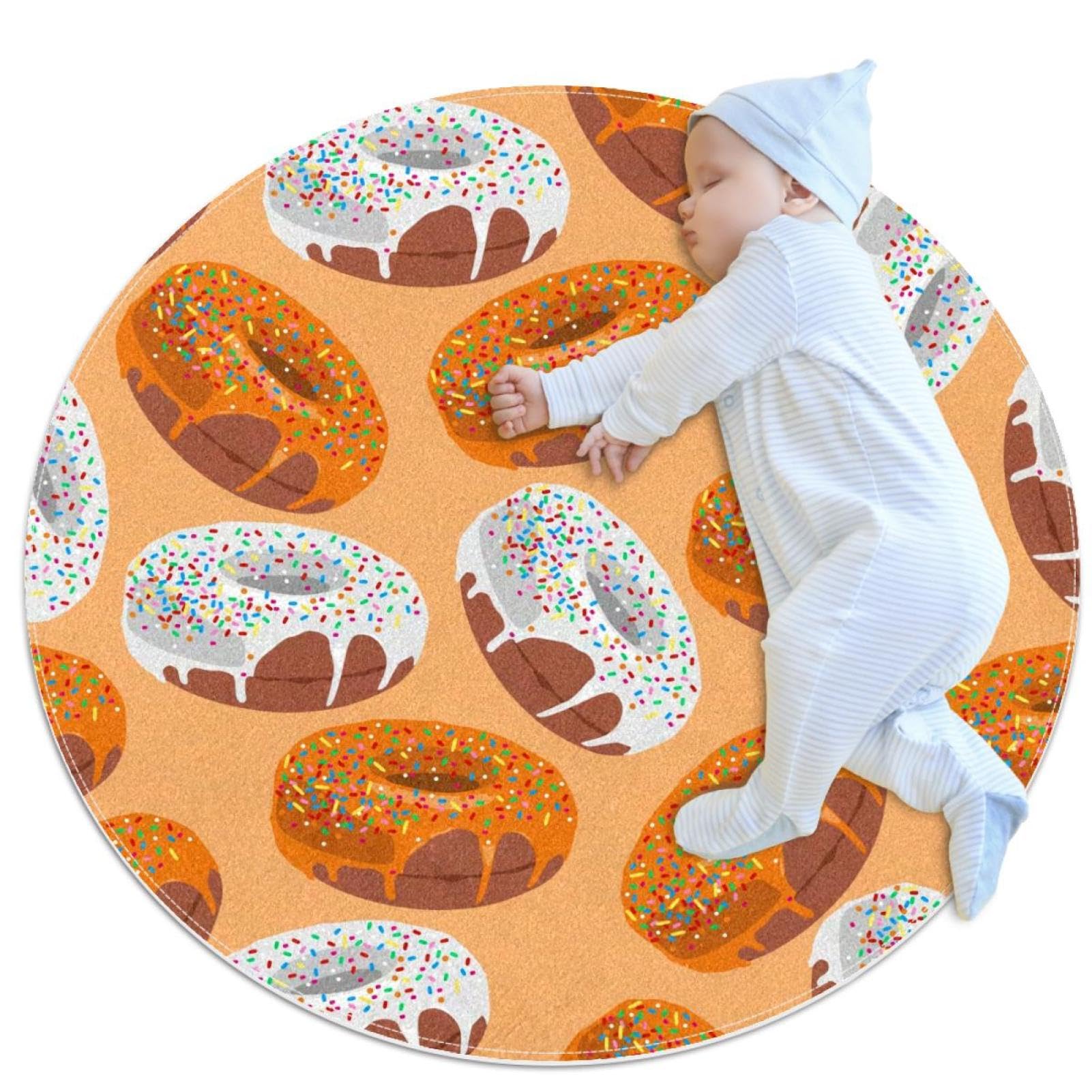Tapis de bain rond 1m motif beignets orange et chocolat antidérapant