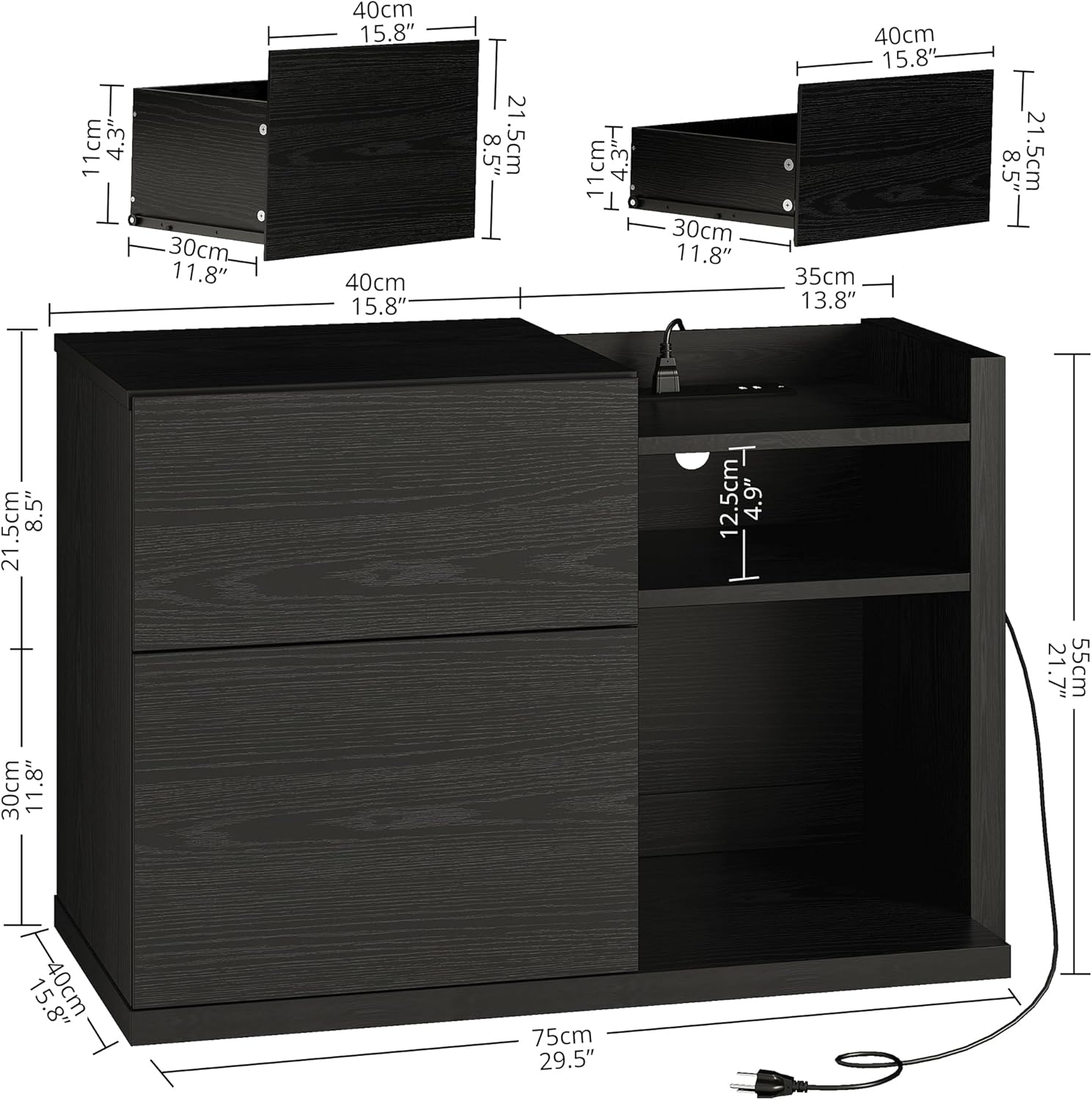 LIKIMIO Black Night Stand with Shelves, Charging Station & LED, 2 Drawer Wooden Bedside Table Record Player Stand for Bedroom, Entryway, Large