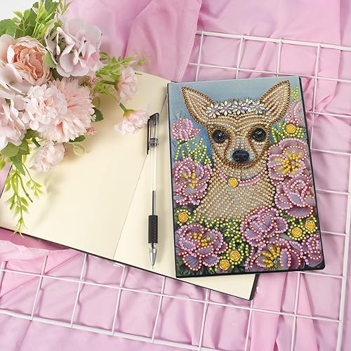 Miniatura 3 de Kit de cuaderno de pintura de diamantes 5D, cubierta de cuero para perro, chihuahua, con forma especial, cuaderno de bocetos, arte de diamantes de