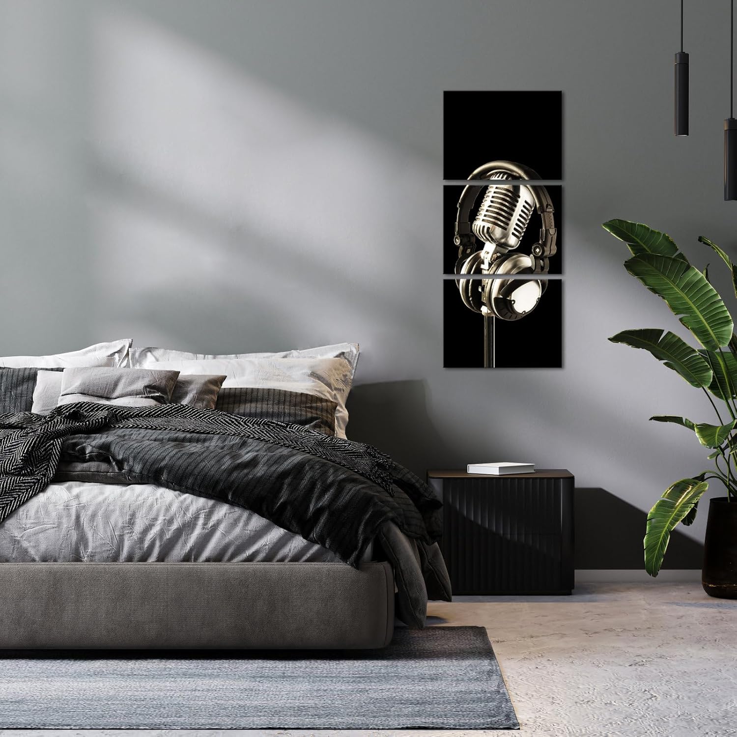 Apicoture Music Canvas Prints Artwork Black And White Headphones And Microphones Musical Instruments Pictures Wall Art Decor Music Studio Wall Art Framed 12x16x3 Panels