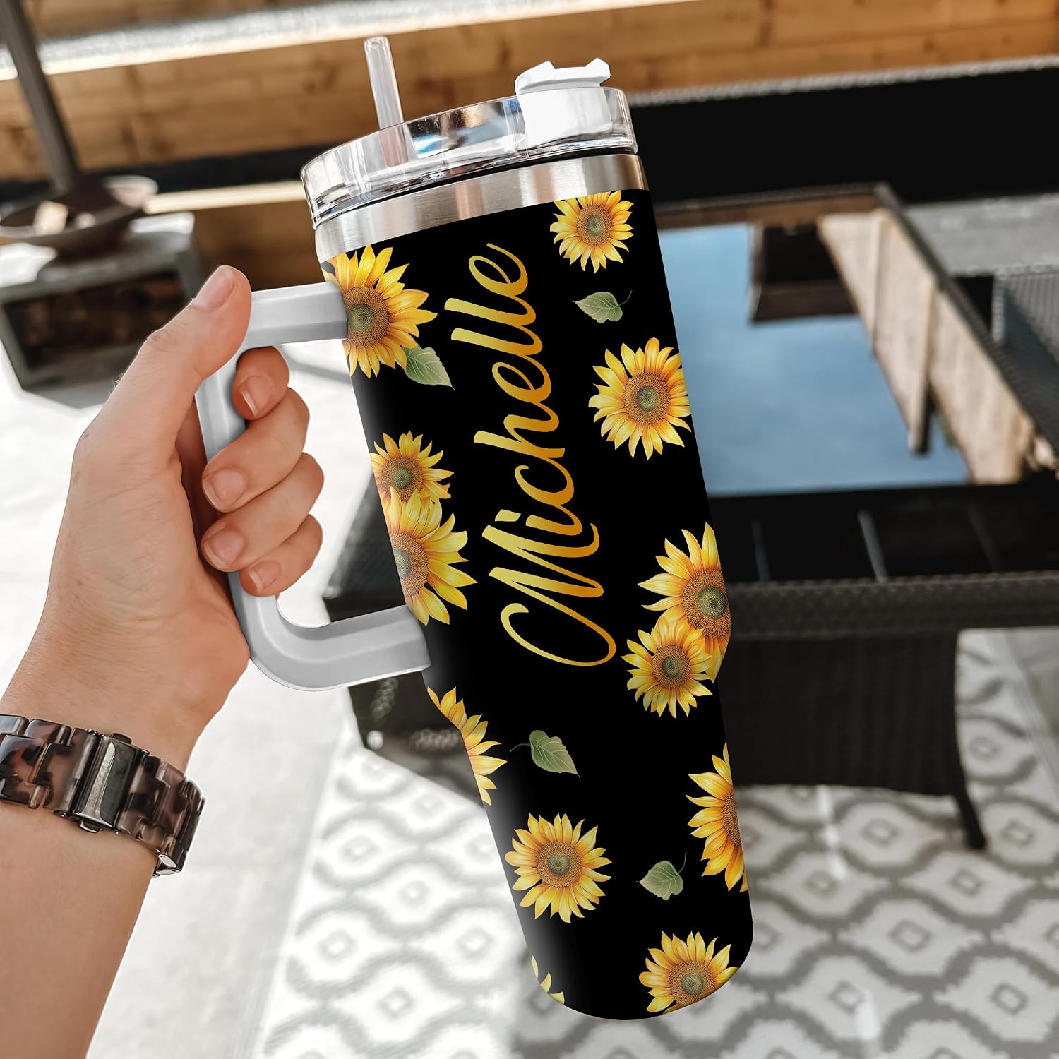 Hyturtle Personalized Sunflower Tumbler - Sunflower Gift For Lover Women Mom - Floral Gift For Her Daughter On Birthday - Floral Tumbler - Custom Name Travel Coffee Cup 40 Oz With Lid And Straw