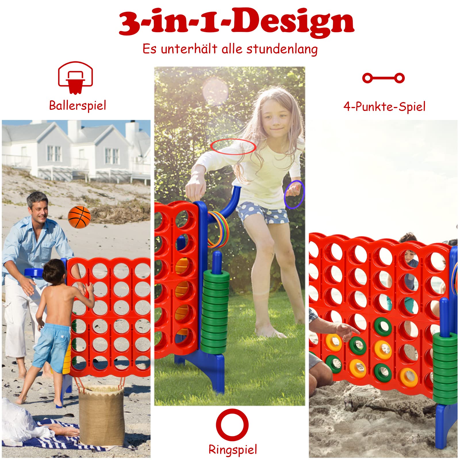 GOPLUS Riesiges 4 Gewinnt Spiel, Strategiespiel mit 42 Ringen, Basketballkorb & Wurfspiel & Schnellspannhebel, 4 in Einer Reihe für Kinder & Erwachsene (Rot + Blau)