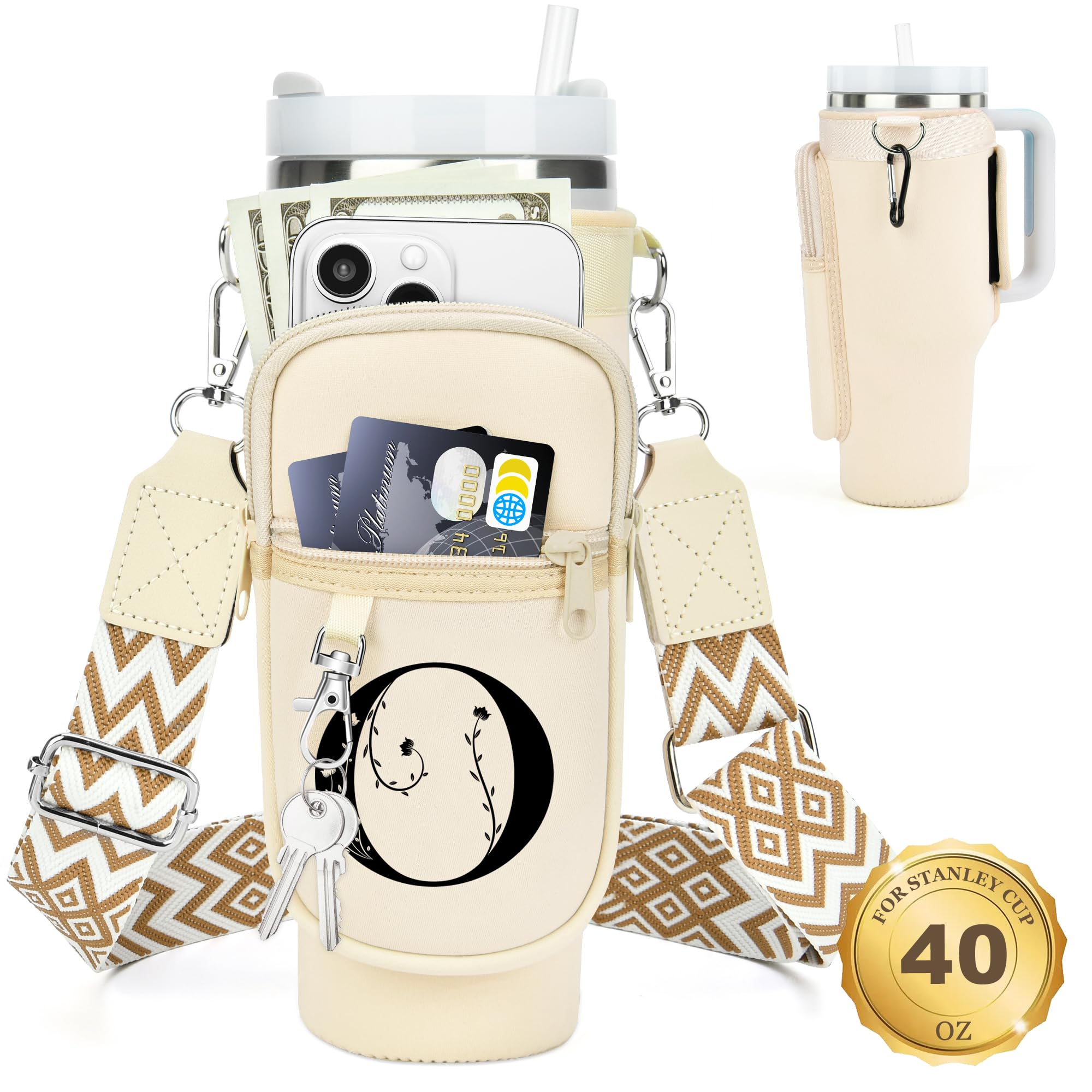Initial Water Bottle Holder with Strap for Stanley Cup 40 oz Tumbler