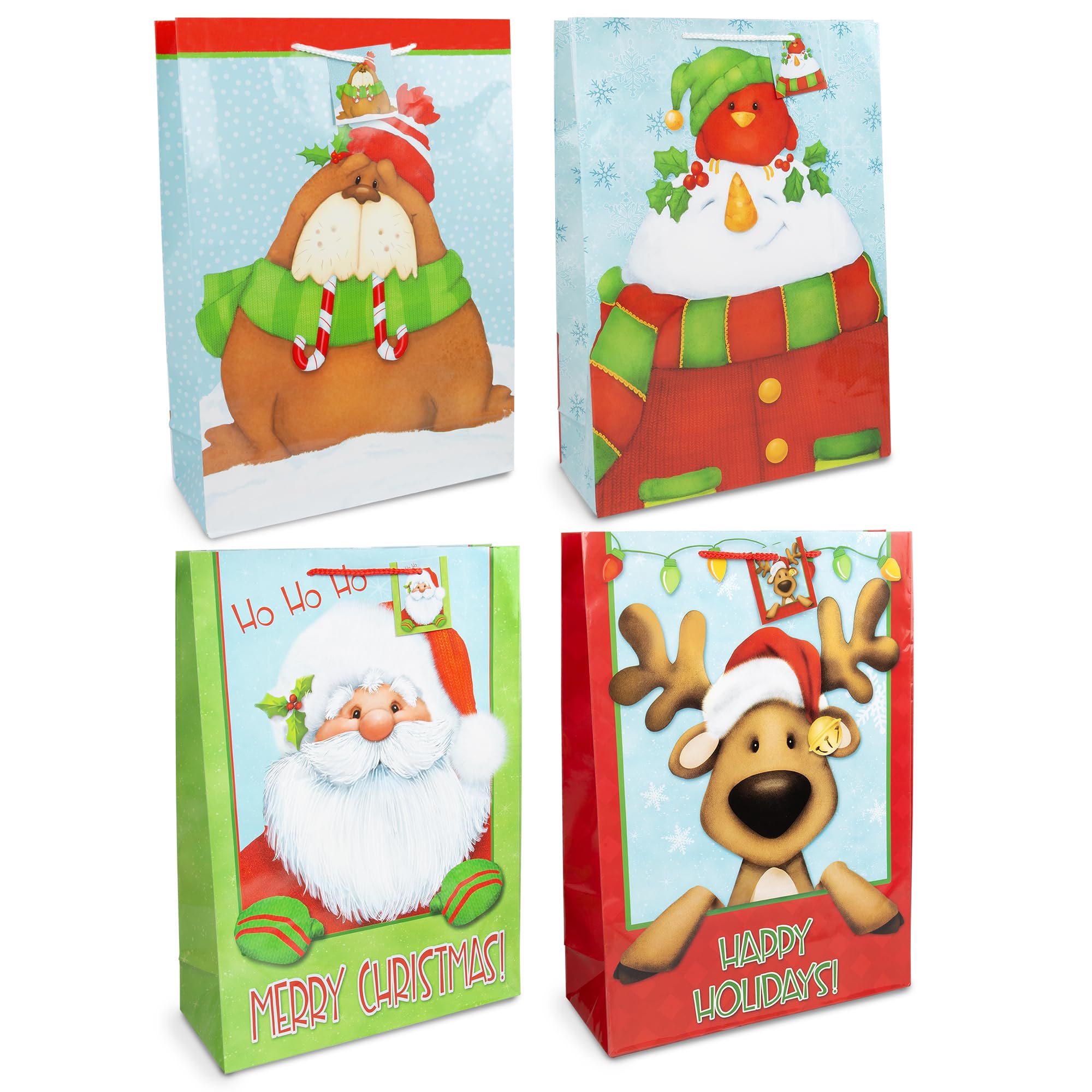abeec XL Christmas Bags with Tags – Extra Large Character Designs – 33 × 46 × 12 cm – Reusable Paper Bags for Christmas Presents (Character Design)