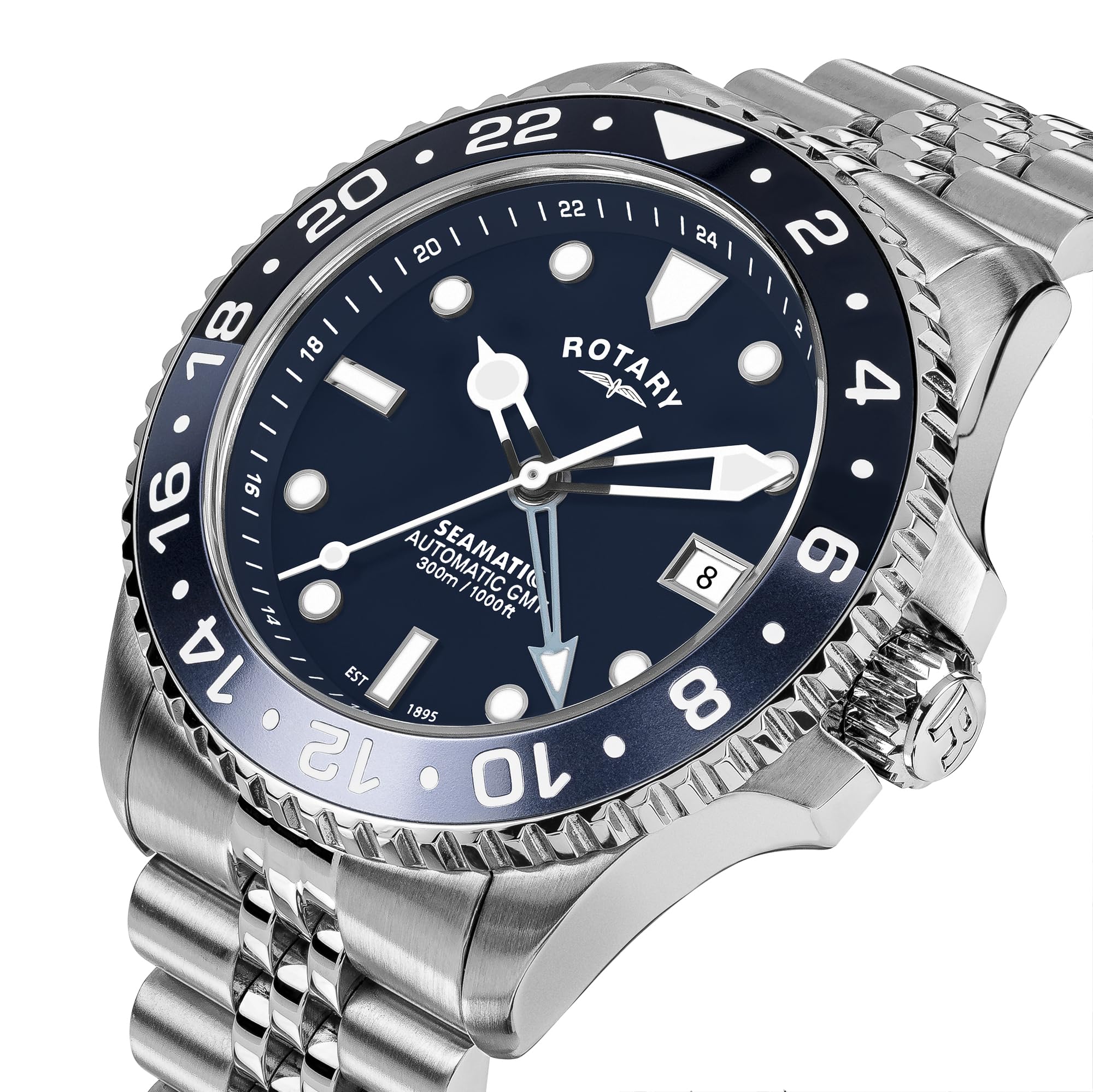 Rotary Seamatic GMT Herren-Armbanduhr, wasserdicht, blaues Zifferblatt, Edelstahl-Armband, 300 m