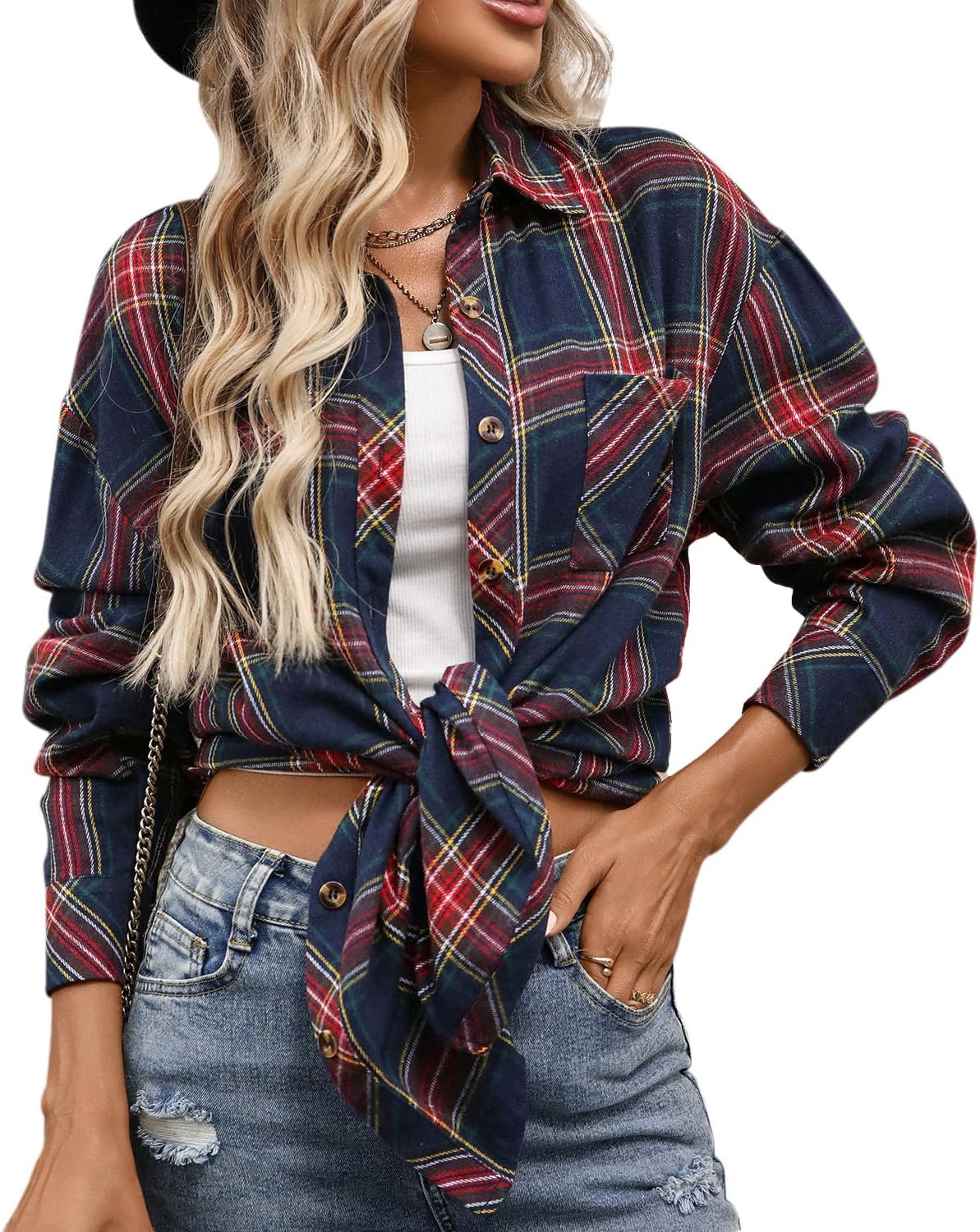CHYRII Womens Oversized Flannel Shirts Button Down Long Sleeve Plaid Shirt Business Casual Blouse Top
