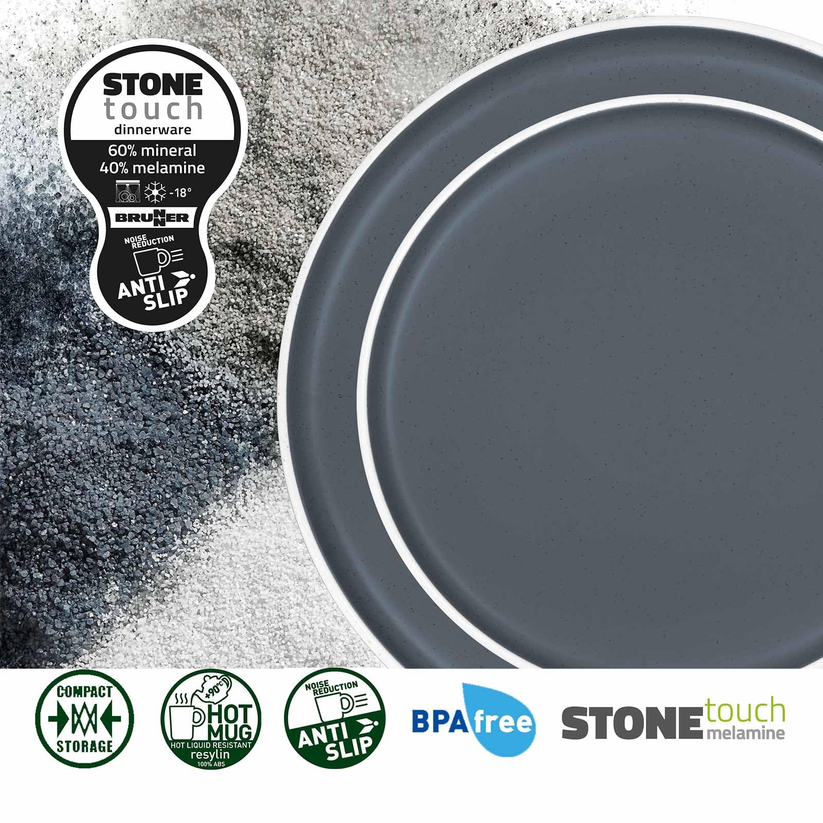 BRUNNER Camping-Geschirr-Set Melamin 2-4 Personen (12, 16 oder 36-teilig) Trilogy Dark - Stapelbar, Kratzfest - hochwertig + edel 3-farbig blau + grau | Steingutoptik und Porzellanhaptik | Antislip
